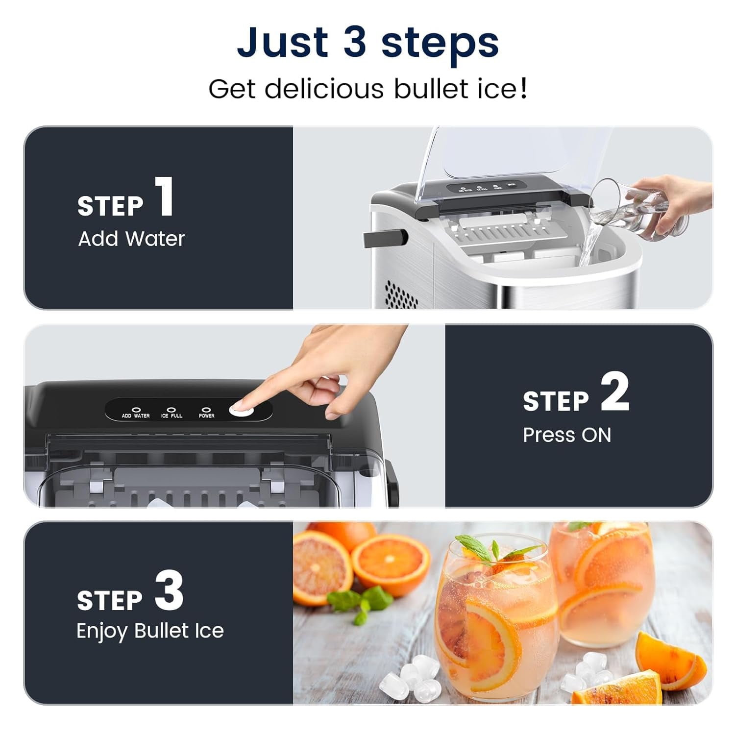 Máquina de hacer hielo tipo bala de mostrador portátil COWSAR de acero inoxidable que produce 26 libras de hielo al día (Negro) Z5812H-NEGRO.