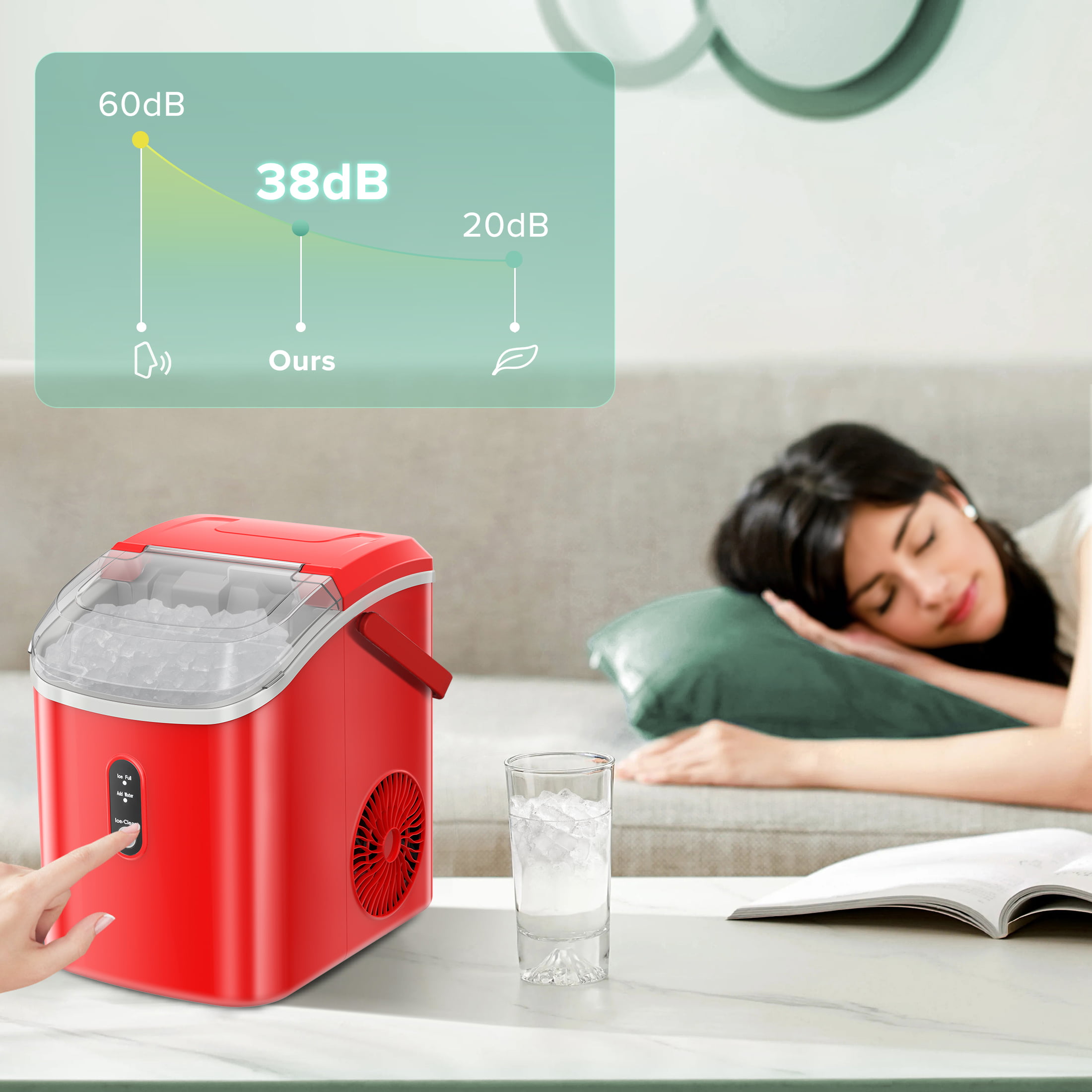 Fabricador de hielo de pebble/nugget de mostrador o portátil de 34 libras por día (Rojo) Z580024