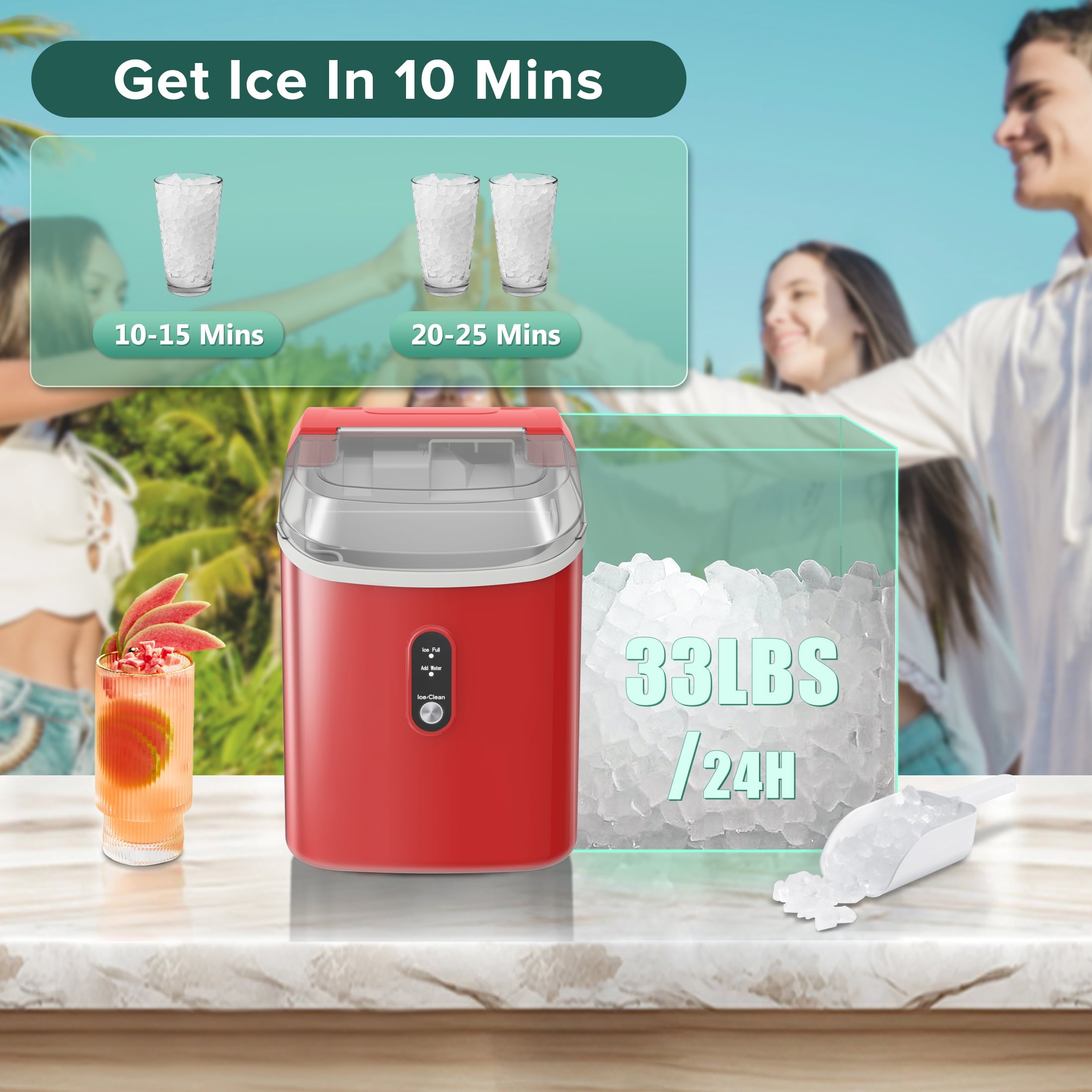 Fabricador de hielo de pebble/nugget de mostrador o portátil de 34 libras por día (Rojo) Z580024