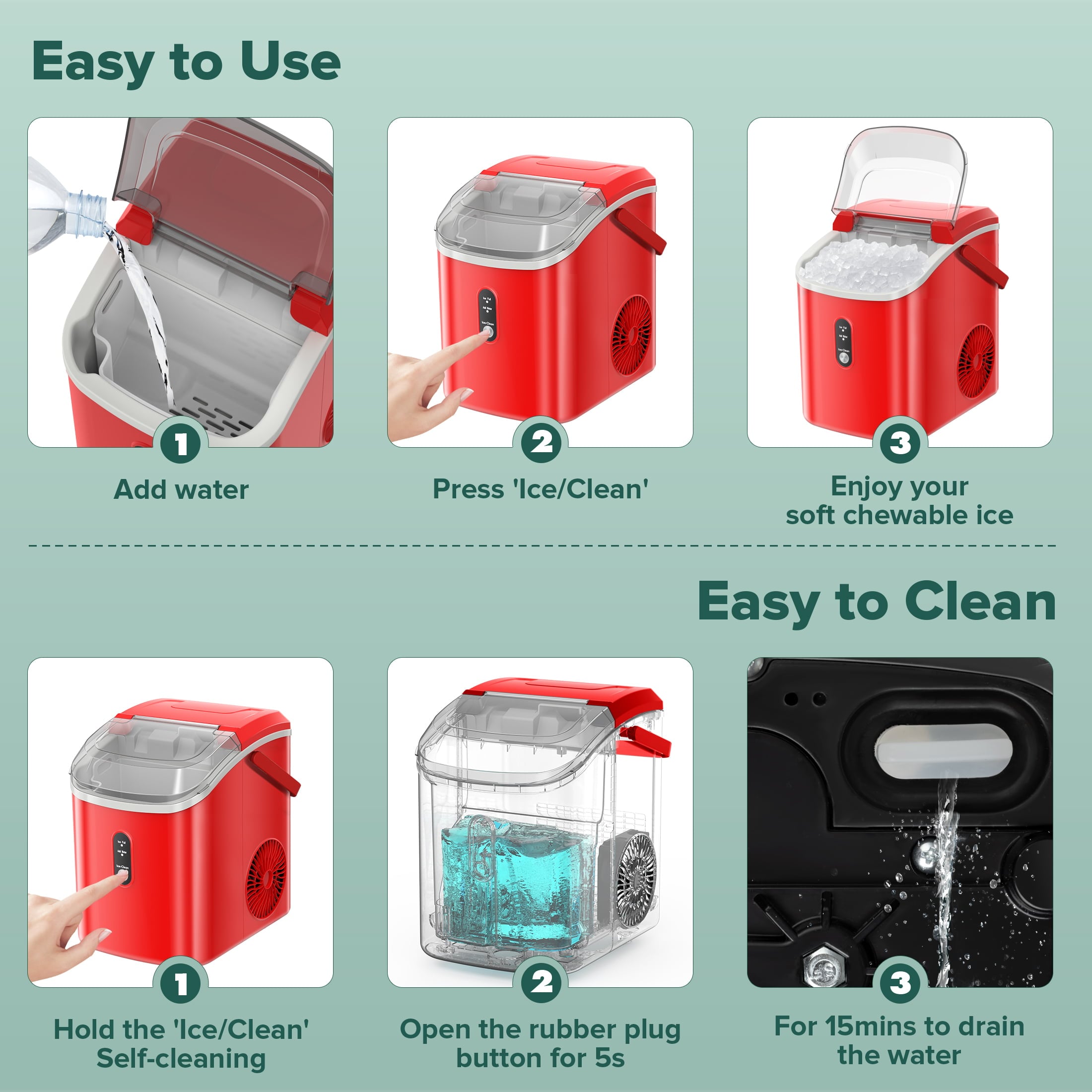 Fabricador de hielo de pebble/nugget de mostrador o portátil de 34 libras por día (Rojo) Z580024
