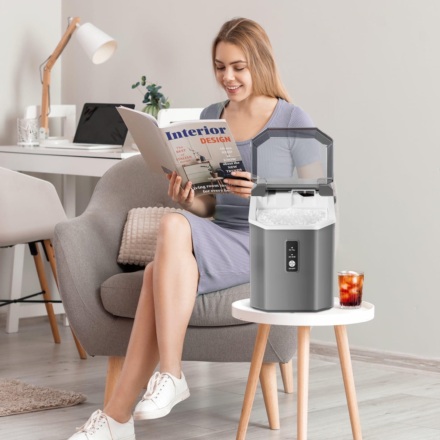 Fabricador de hielo de Nubecitas/Piedritas para Hielo de 33 libras por día de COWSAR (Gris) - Para Encimera o Portátil Z580033