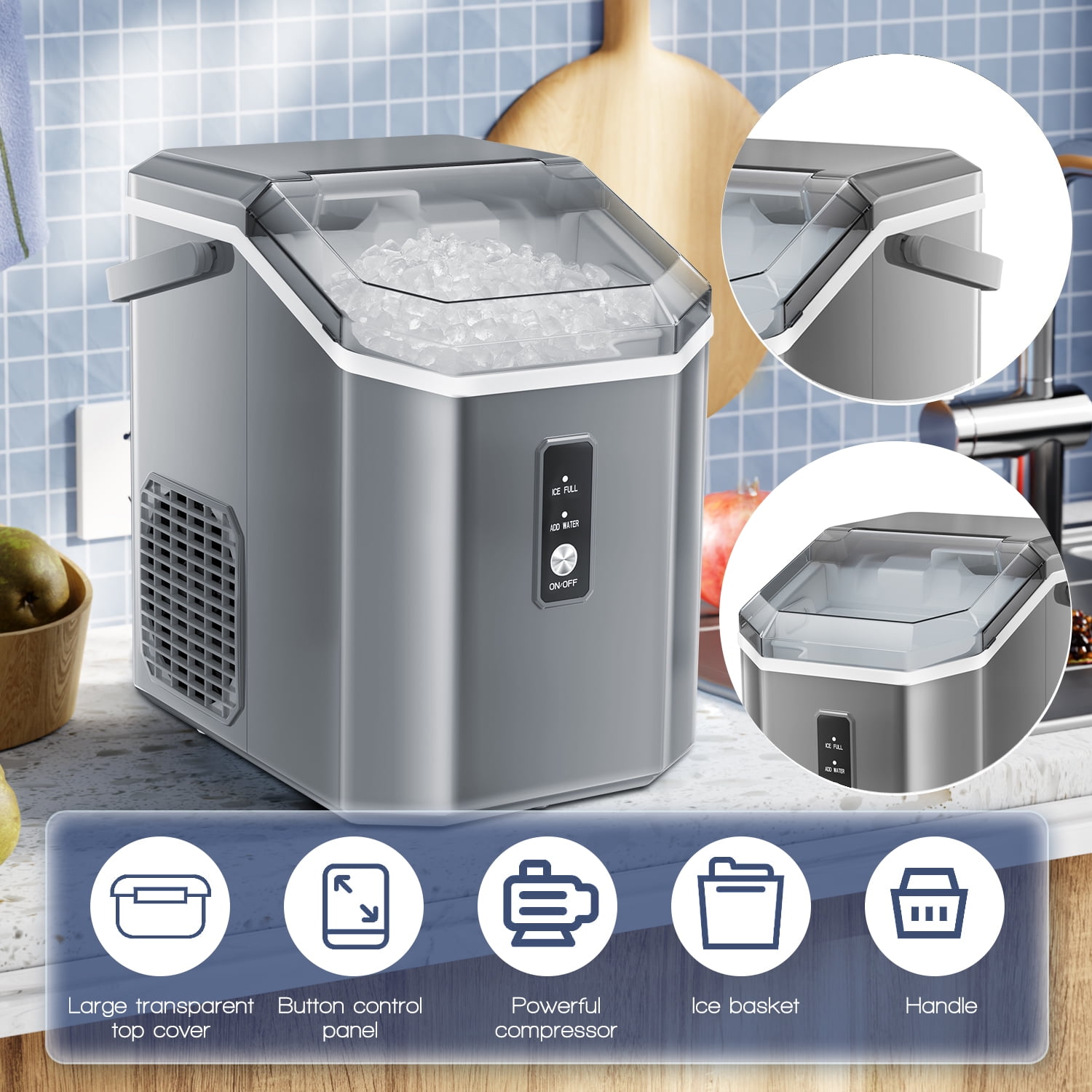 Fabricador de hielo de Nubecitas/Piedritas para Hielo de 33 libras por día de COWSAR (Gris) - Para Encimera o Portátil Z580033