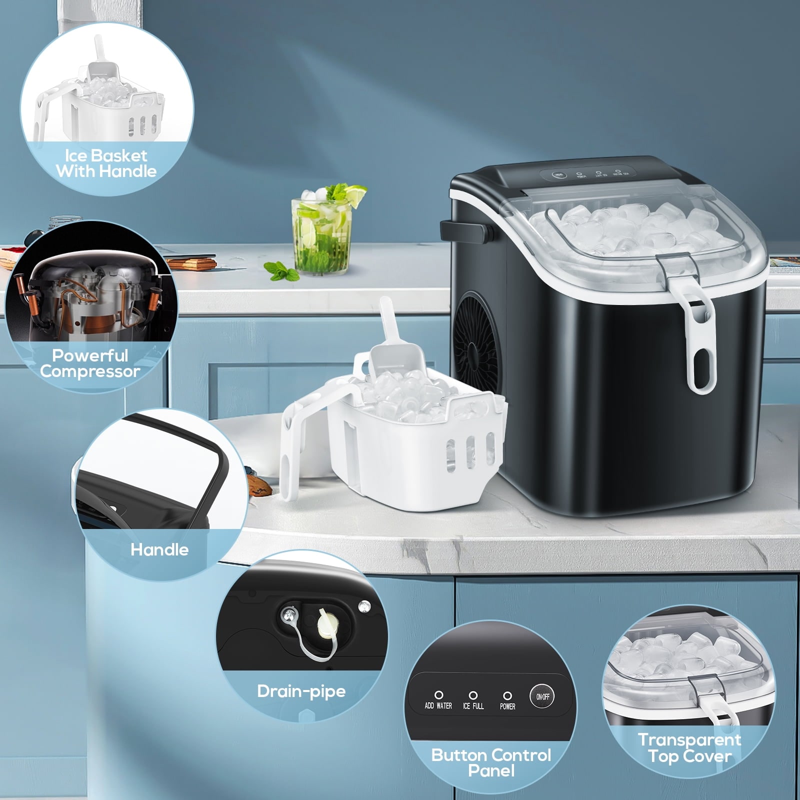 Fabricador de hielo tipo bala de mostrador o portátil que produce 26 libras de hielo al día (Negro) Z5822H-NEGRO