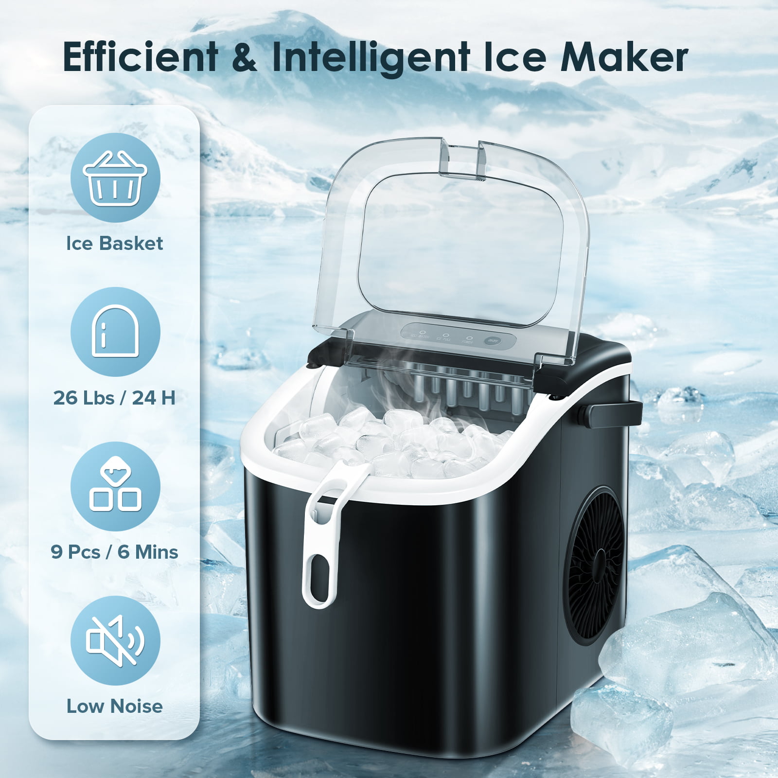 Fabricador de hielo tipo bala de mostrador o portátil que produce 26 libras de hielo al día (Negro) Z5822H-NEGRO