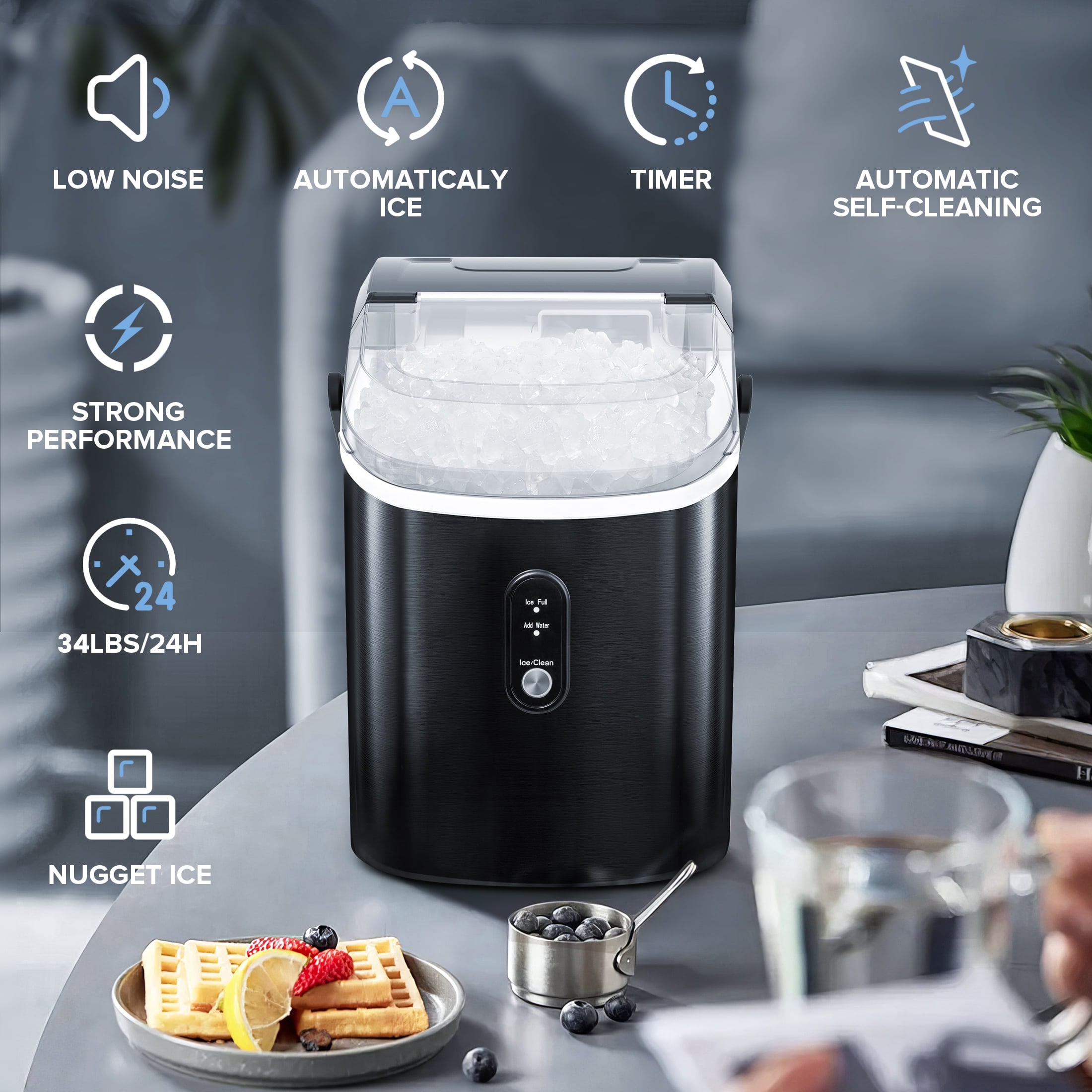 Máquina para hacer hielo en cubos o cangrejo portátil de acero inoxidable negro de 34 libras por día para encimera o portátil COWSAR (Negro) Z580012