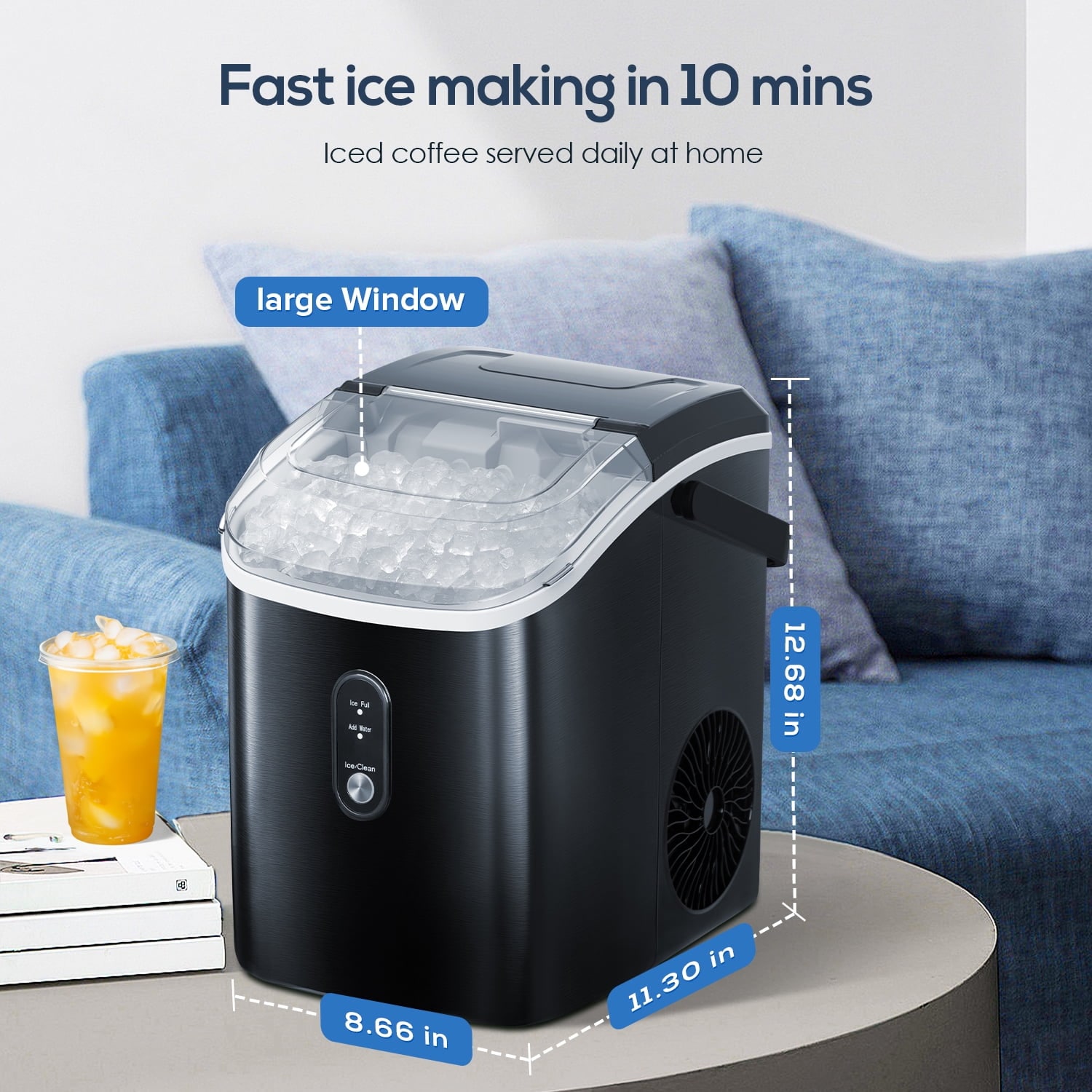 Máquina para hacer hielo en cubos o cangrejo portátil de acero inoxidable negro de 34 libras por día para encimera o portátil COWSAR (Negro) Z580012
