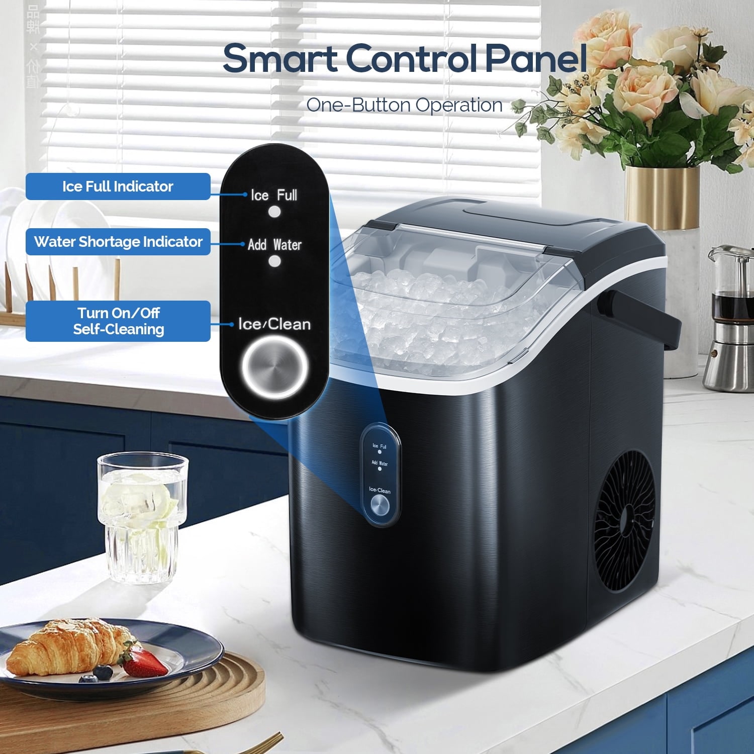 Máquina para hacer hielo en cubos o cangrejo portátil de acero inoxidable negro de 34 libras por día para encimera o portátil COWSAR (Negro) Z580012
