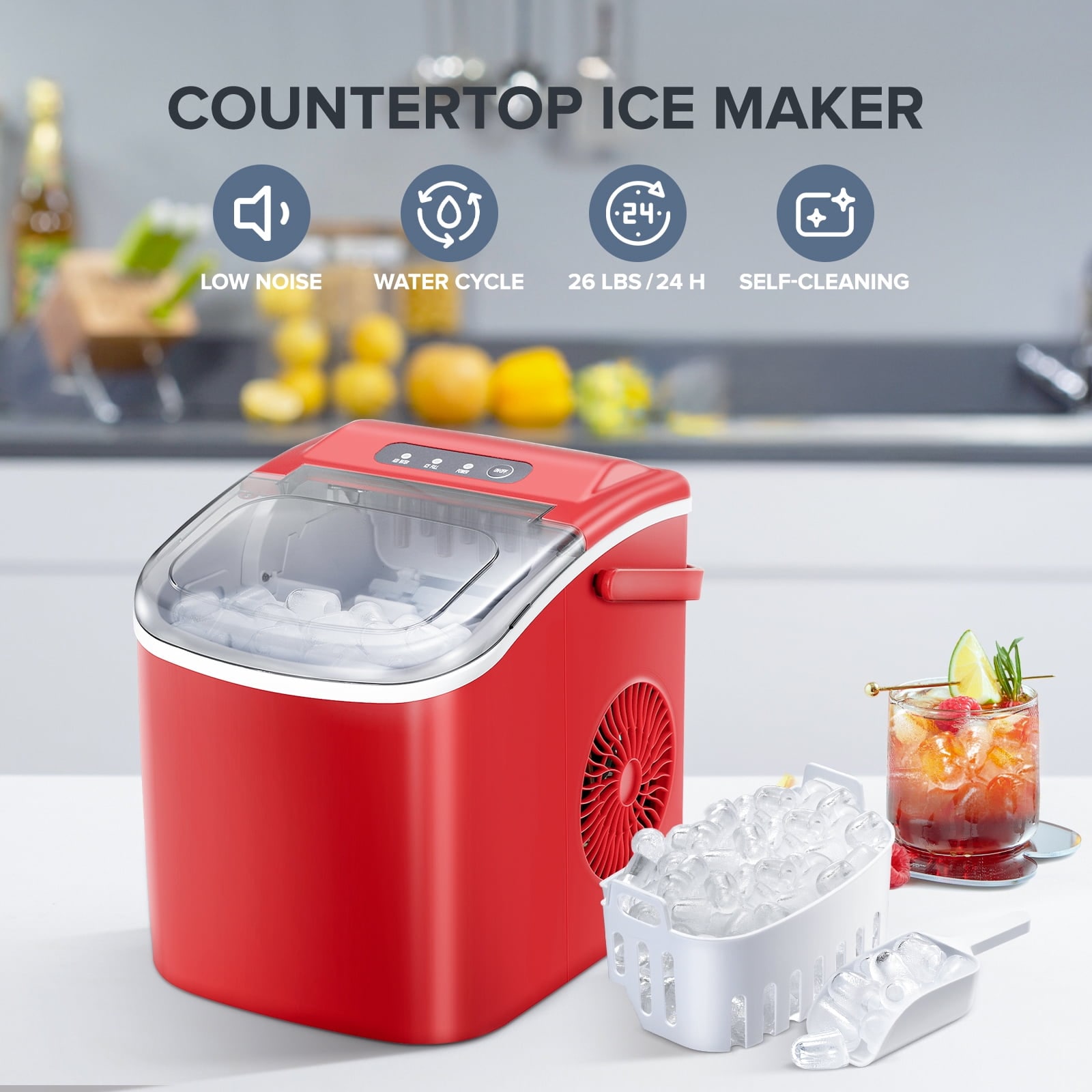 Fabricador de hielo en forma de bala de mostrador o portátil que produce 26 libras de hielo por día (Rojo) Z5812H-ROJO