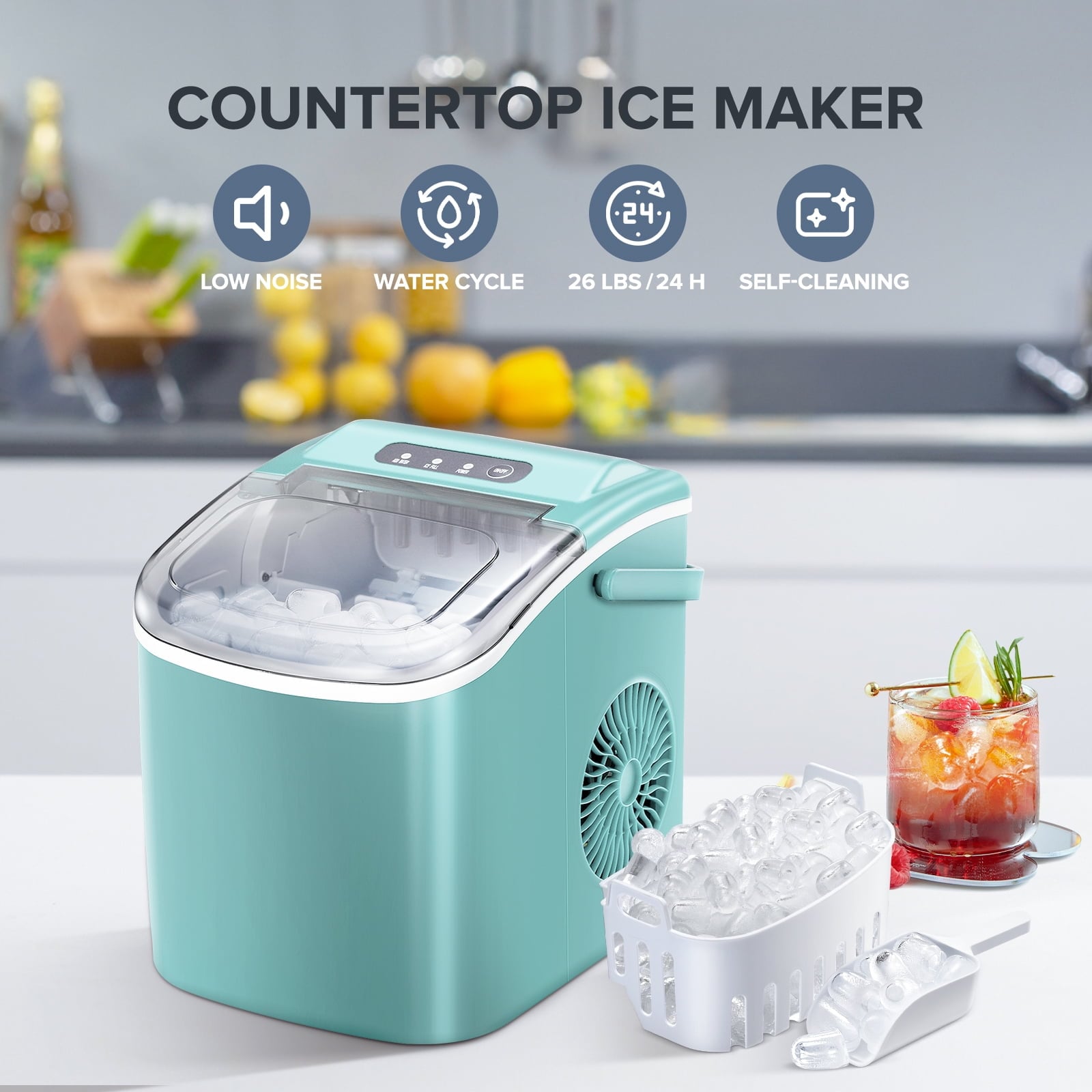 Fabricador de hielo de balas para encimera o portátil que produce 26 libras de hielo al día (Verde)