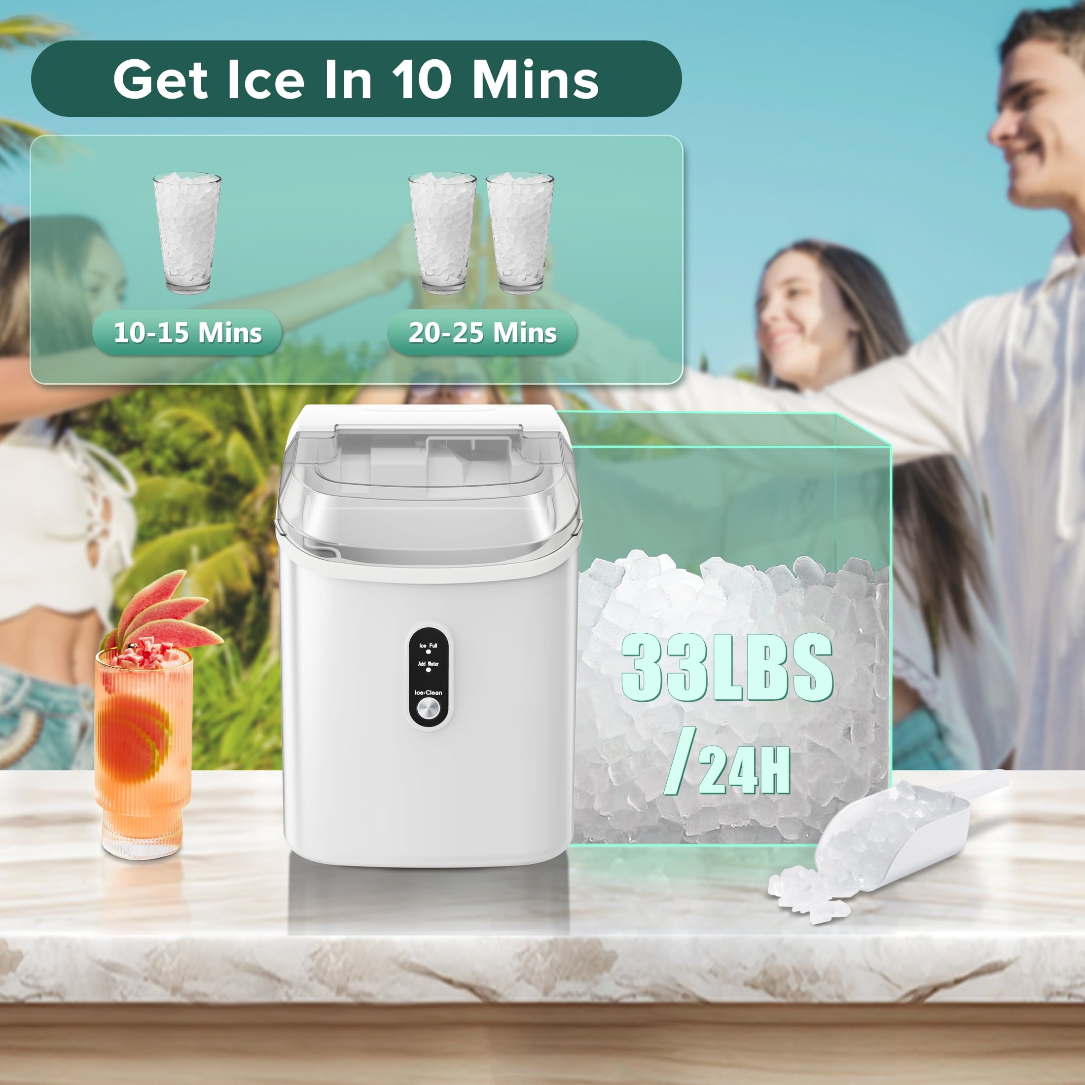 Fabricador de hielo de nugget o grava para mostrador o portátil que produce 34 libras de hielo por día (Blanco) Z580021
