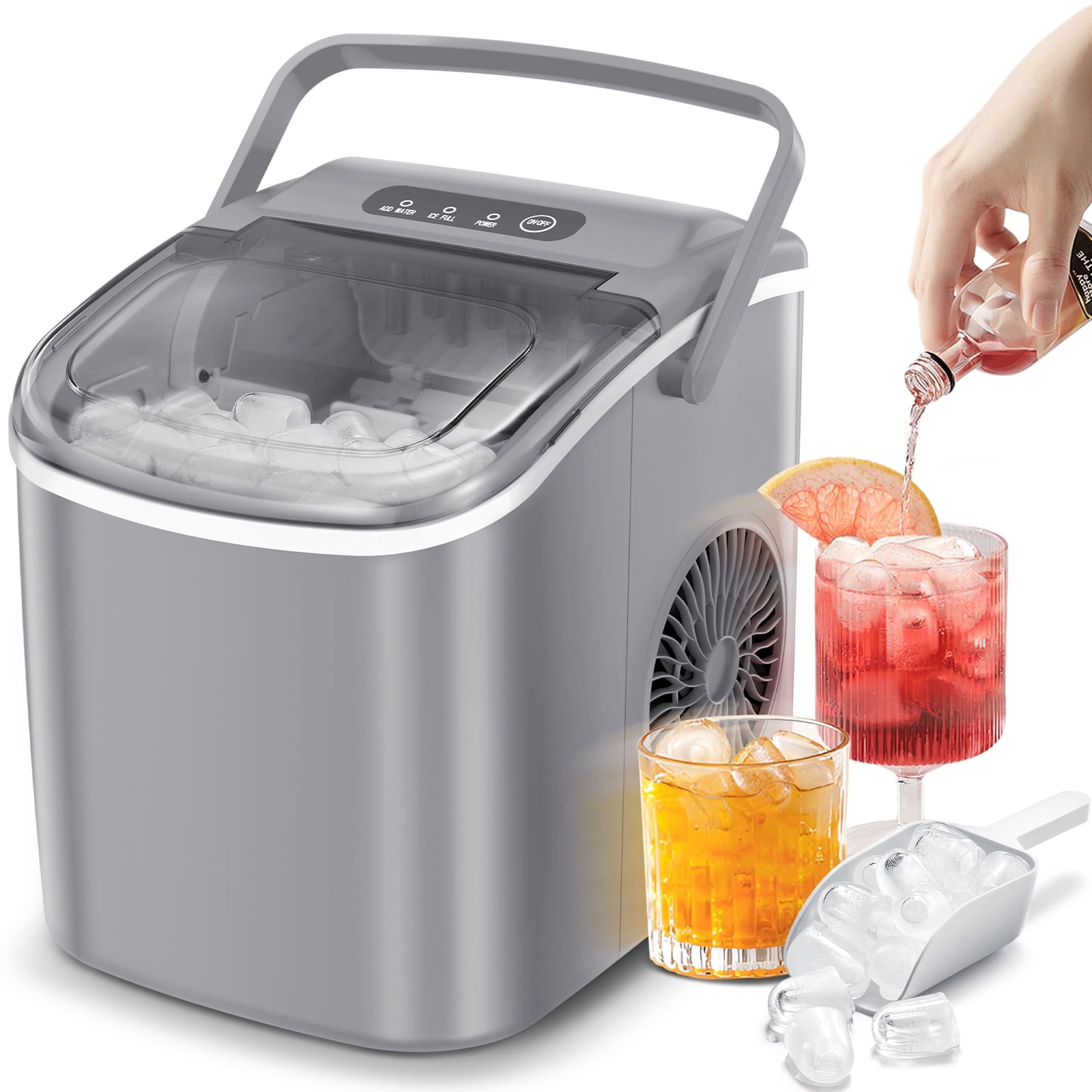 Fabricador de hielo en forma de balas para mostrador o portátil que produce 26 libras de hielo al día (Gris) Z5812H-GREY