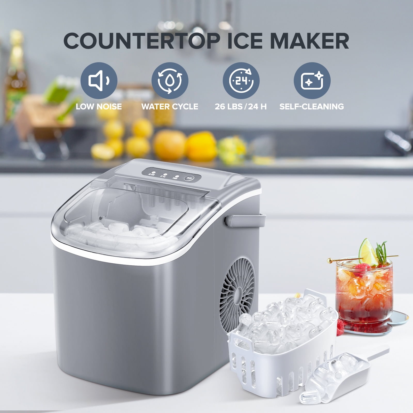 Fabricador de hielo en forma de balas para mostrador o portátil que produce 26 libras de hielo al día (Gris) Z5812H-GREY