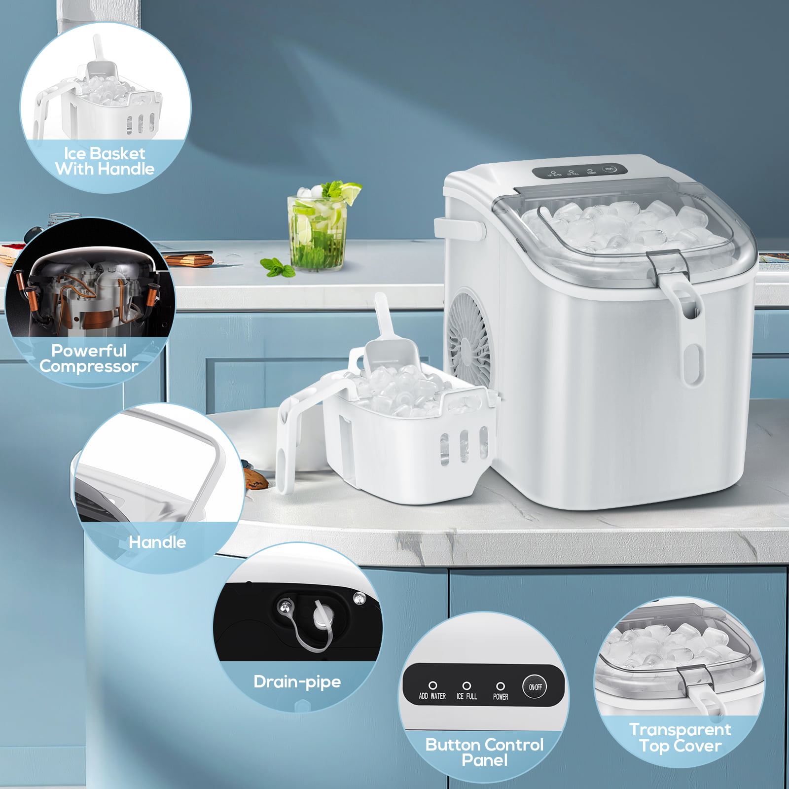Fabricador de hielo tipo bala para encimera o portátil que produce 26 libras de hielo al día (blanco) Z5822H-BLANCO