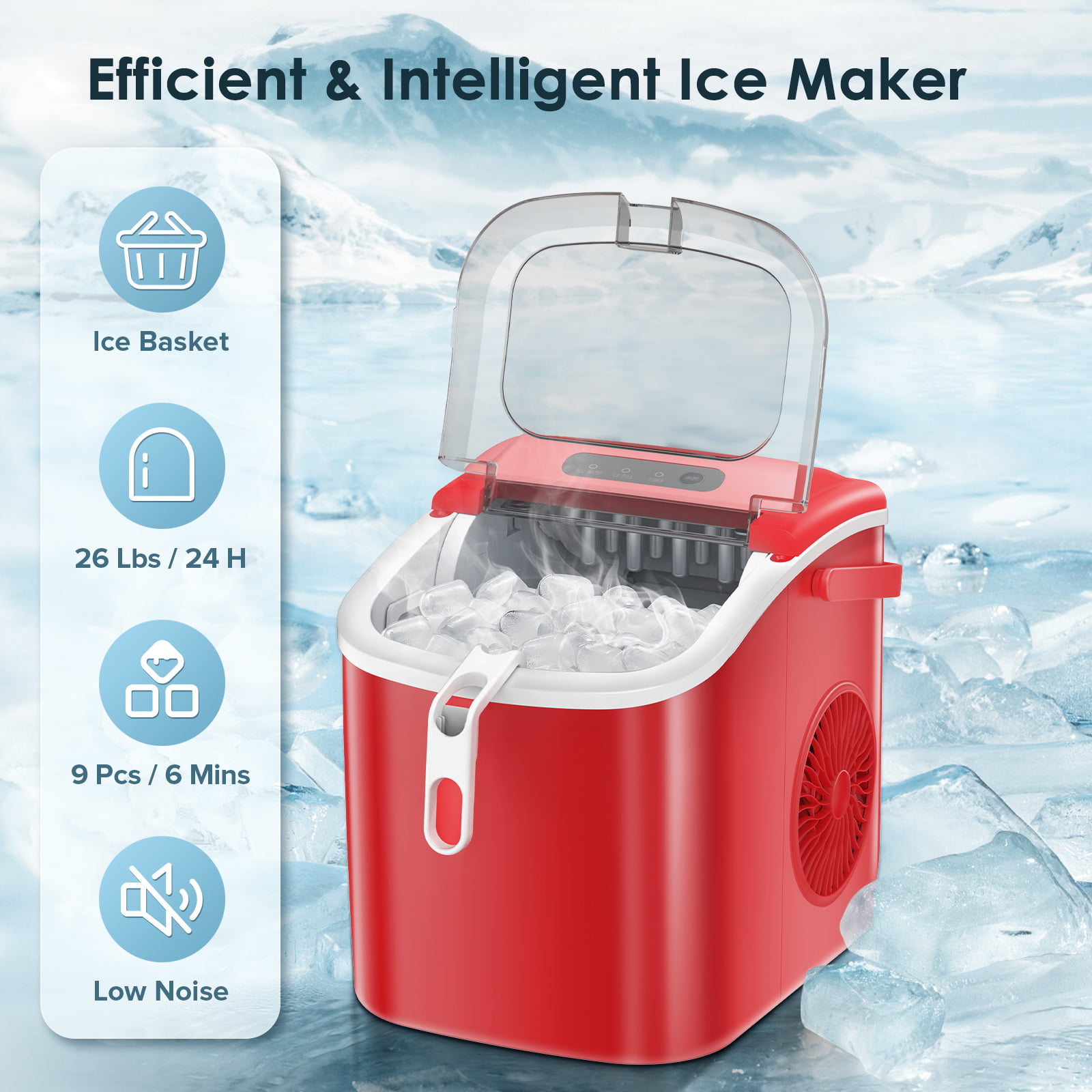 Máquina de Hielo Portátil para Mesa o Móvil que Produce 26 libras de Hielo al Día (Roja)