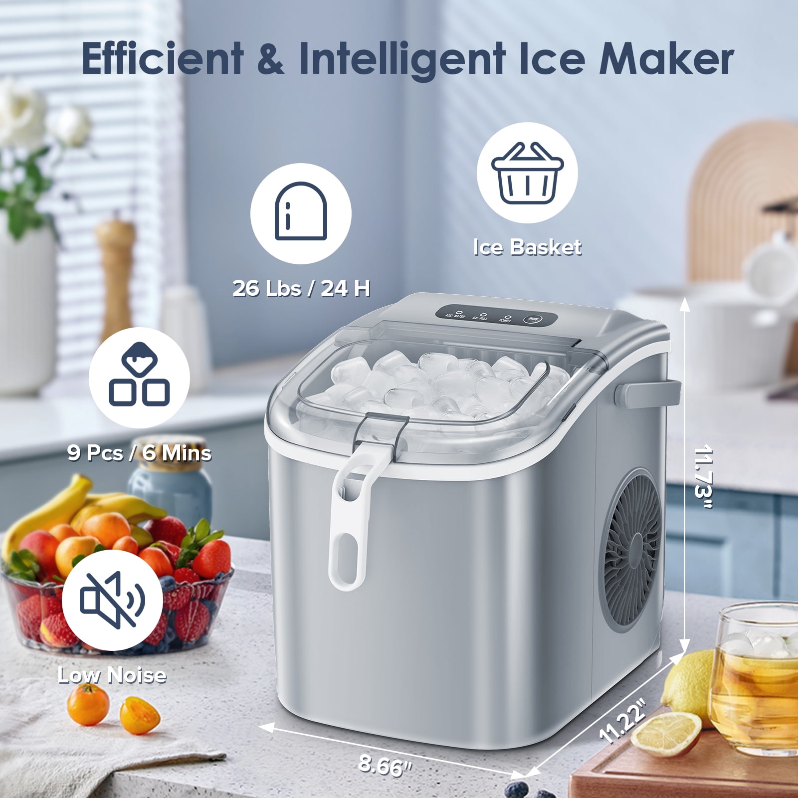 Máquina para hacer hielo tipo bala de 26 libras al día, para encimera o portátil (gris)