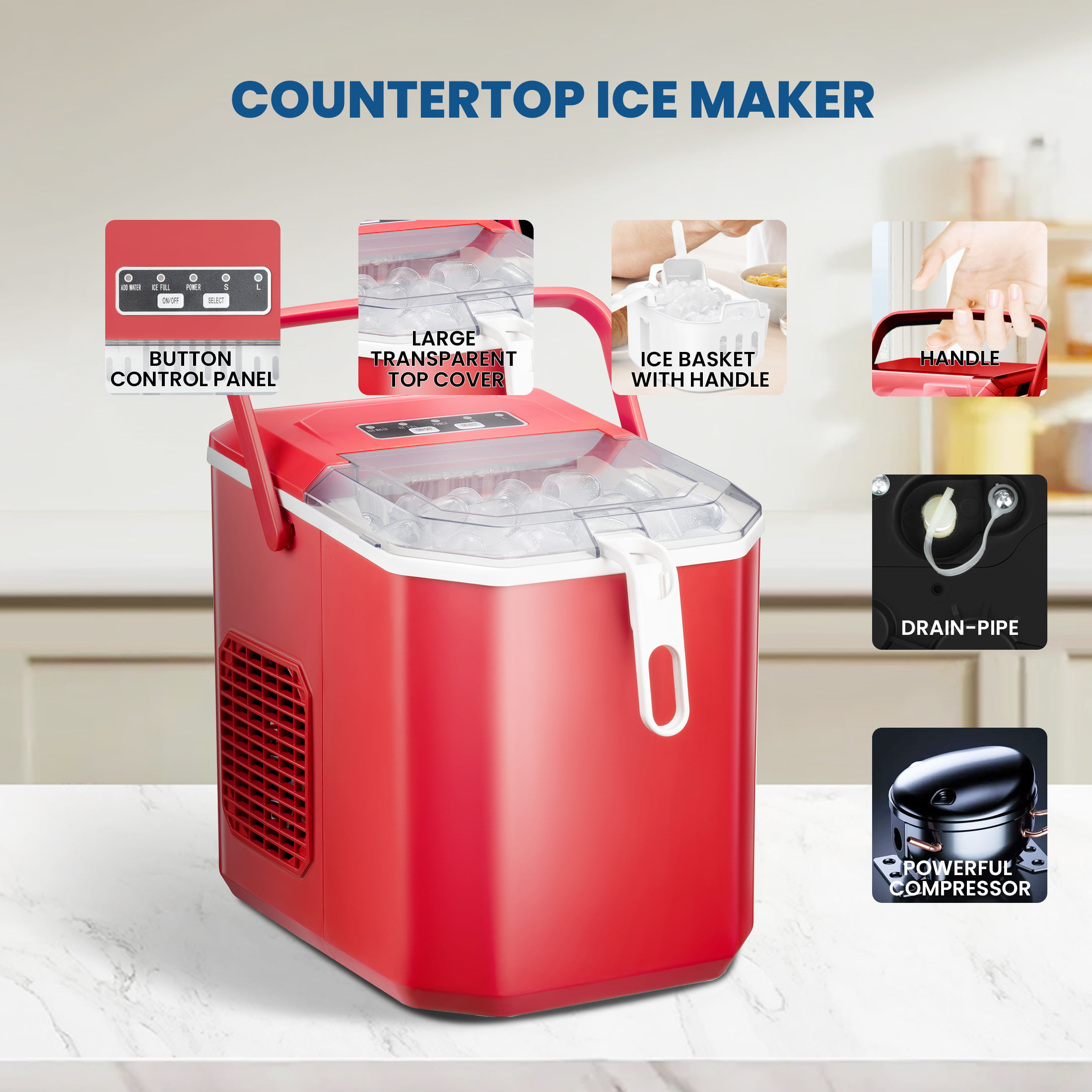 Fabricadora de hielo portátil o para colocar en la encimera que produce 26 libras de hielo al día (Rojo)