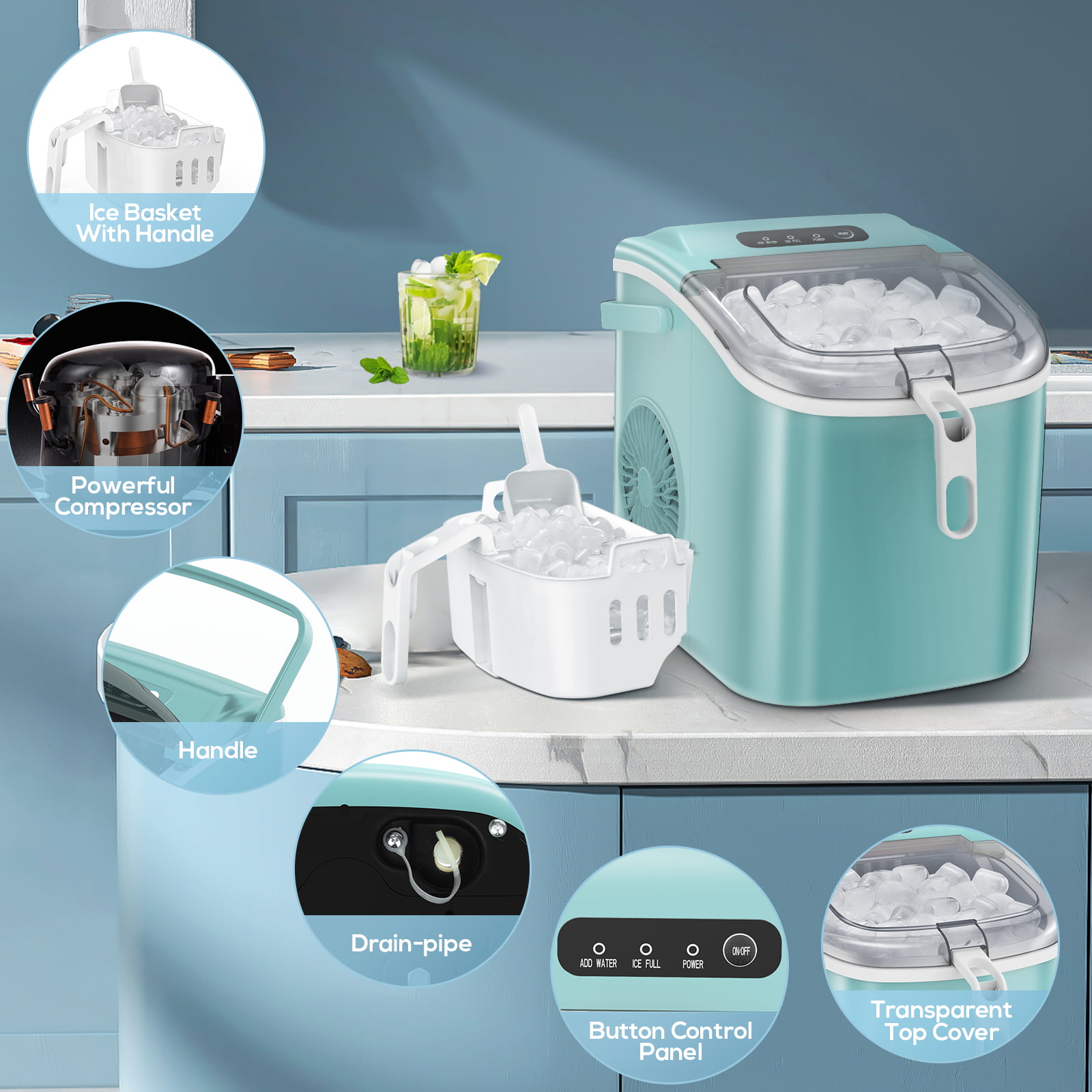 Fabricador de hielo portátil tipo bala, capaz de producir 26 libras de hielo al día (verde)