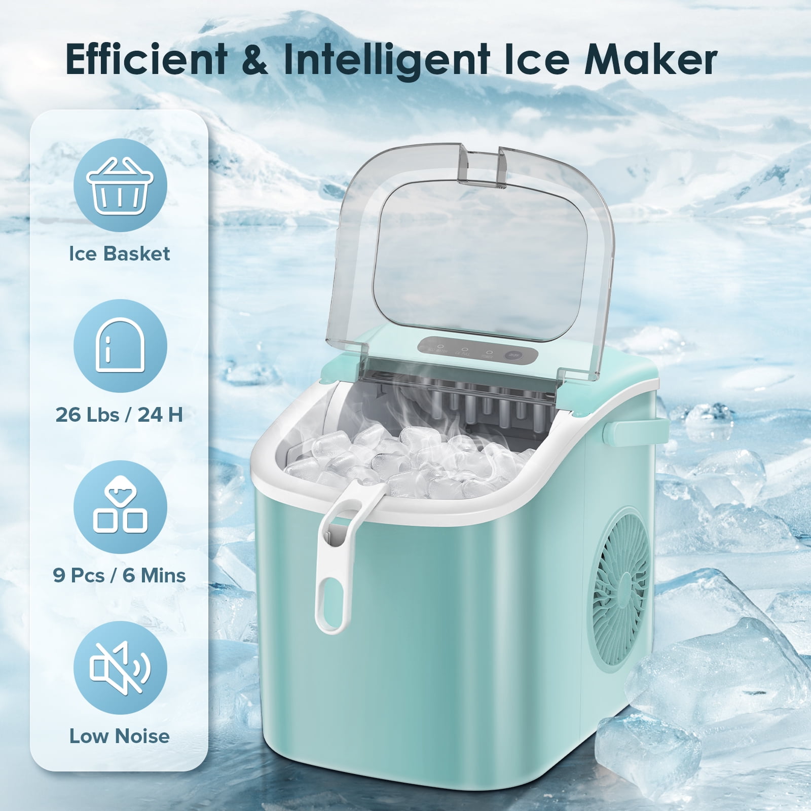 Fabricador de hielo portátil tipo bala, capaz de producir 26 libras de hielo al día (verde)