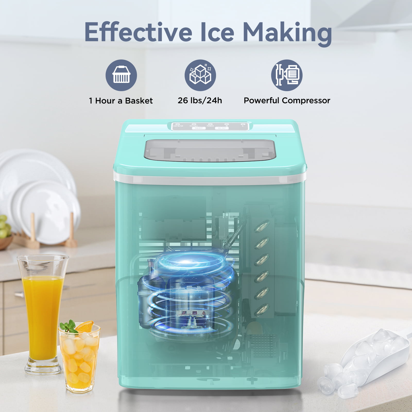 Máquina para hacer hielo en cubitos de bala de 26 libras por día, de mostrador o portátil (Verde)