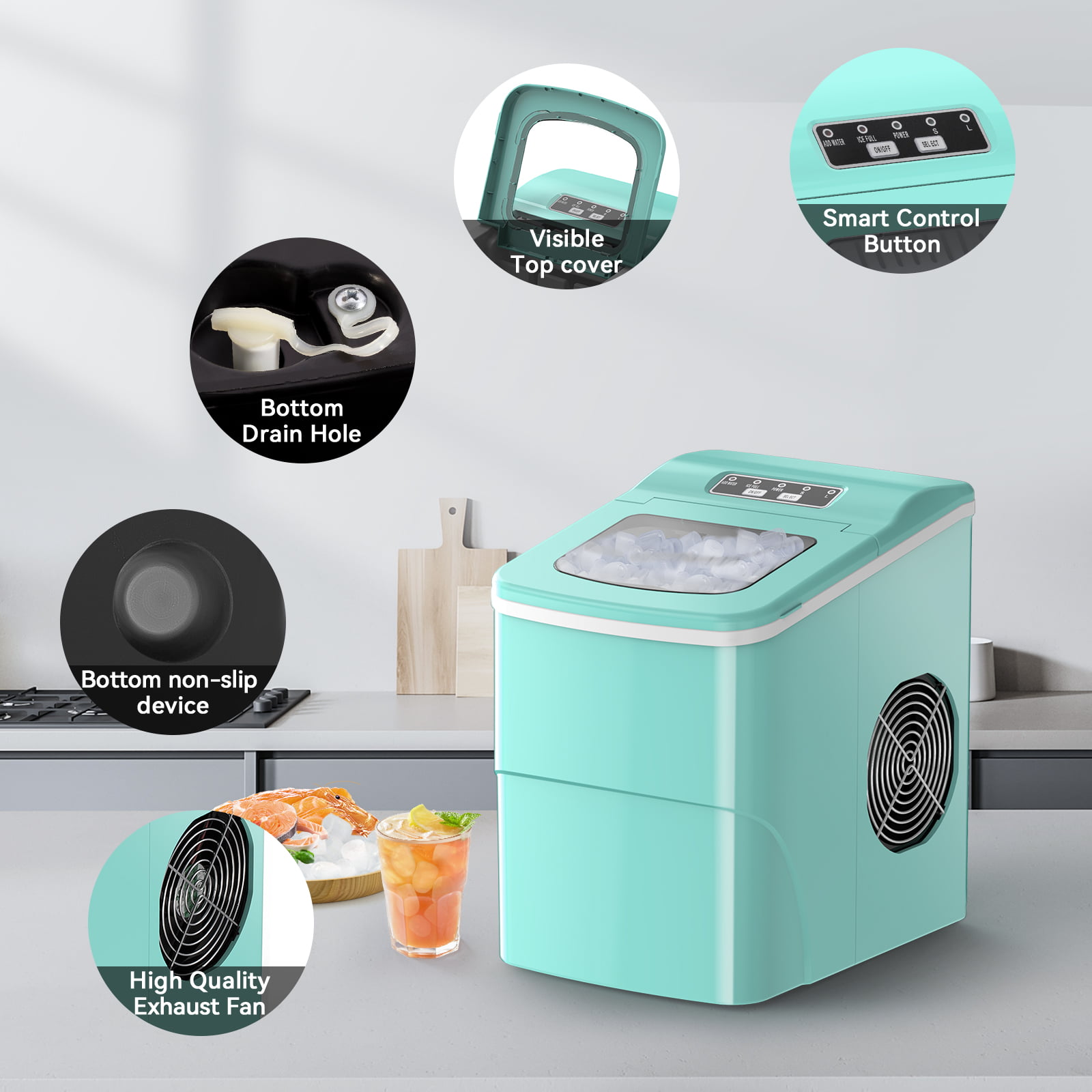 Máquina para hacer hielo en cubitos de bala de 26 libras por día, de mostrador o portátil (Verde)