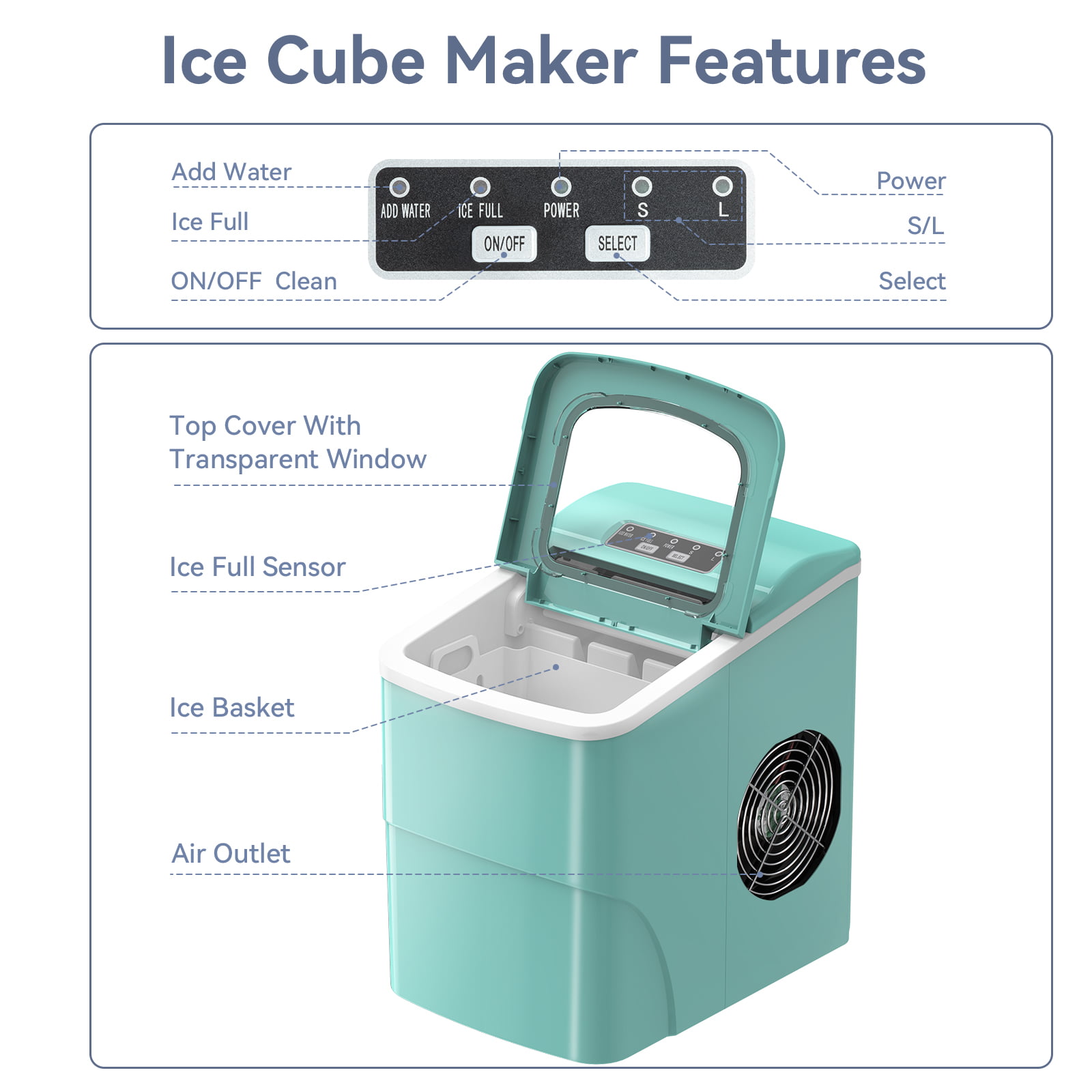 Máquina para hacer hielo en cubitos de bala de 26 libras por día, de mostrador o portátil (Verde)