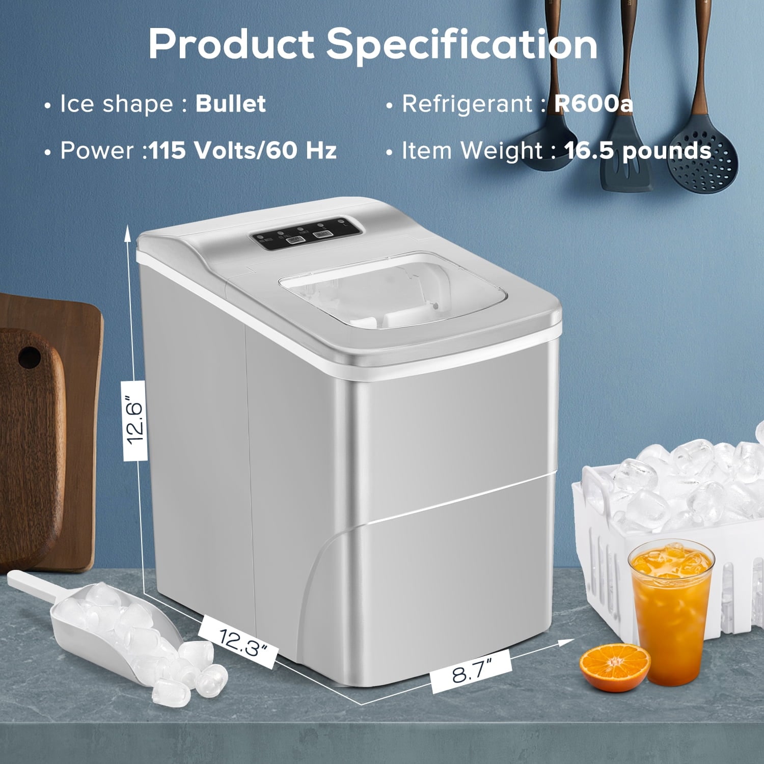 Fabricador de hielo portátil tipo bala de 26 libras al día para mesa (Gris) Z5879-GREY