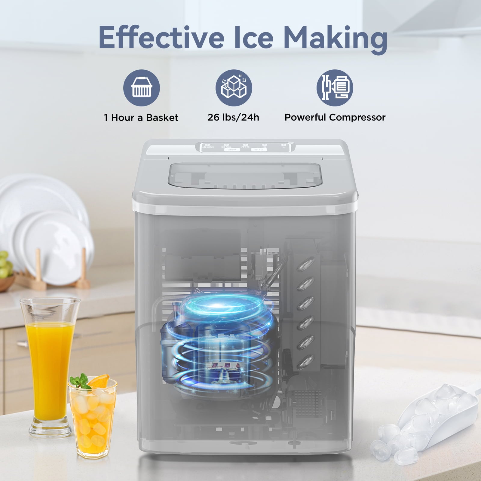 Fabricador de hielo portátil tipo bala de 26 libras al día para mesa (Gris) Z5879-GREY