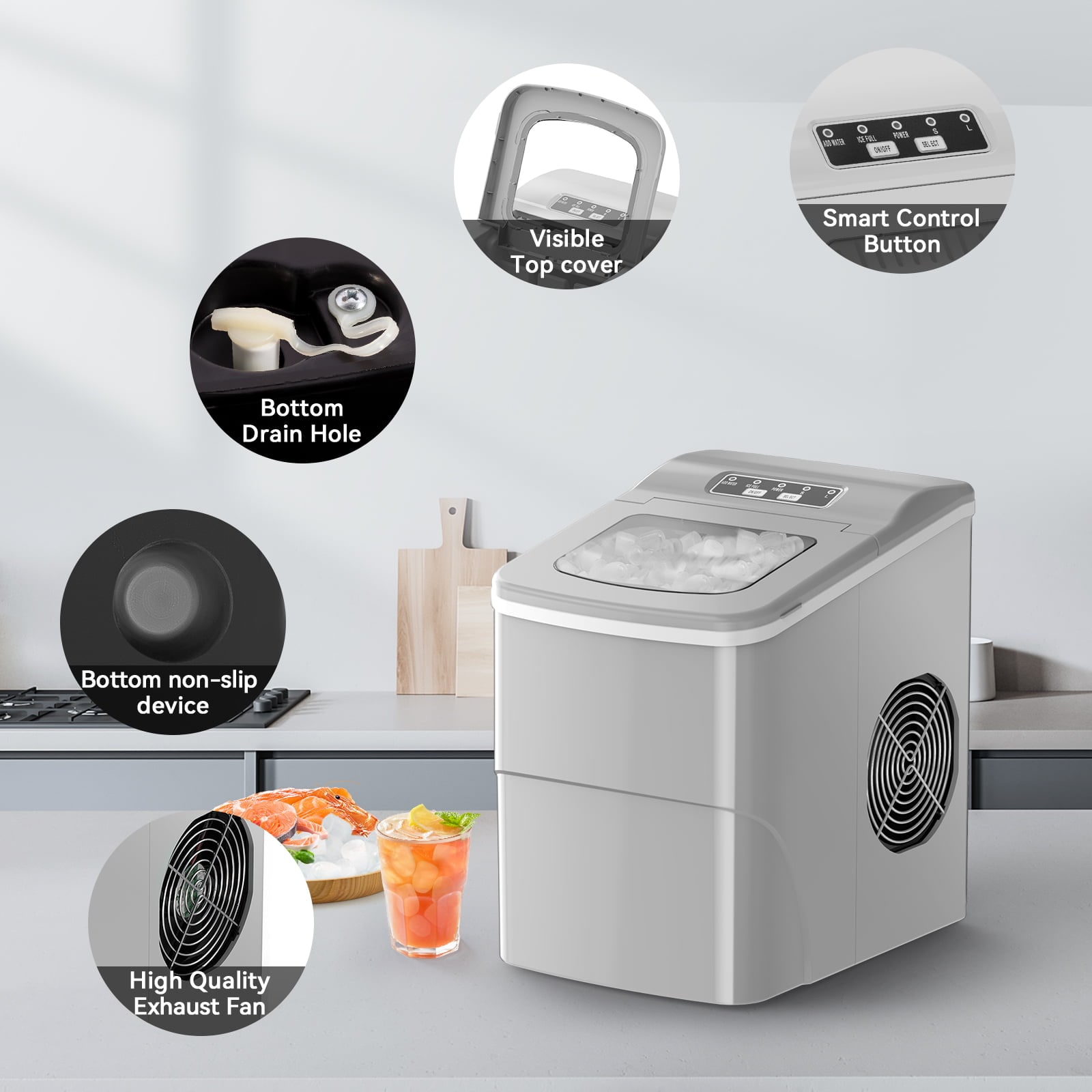 Fabricador de hielo portátil tipo bala de 26 libras al día para mesa (Gris) Z5879-GREY