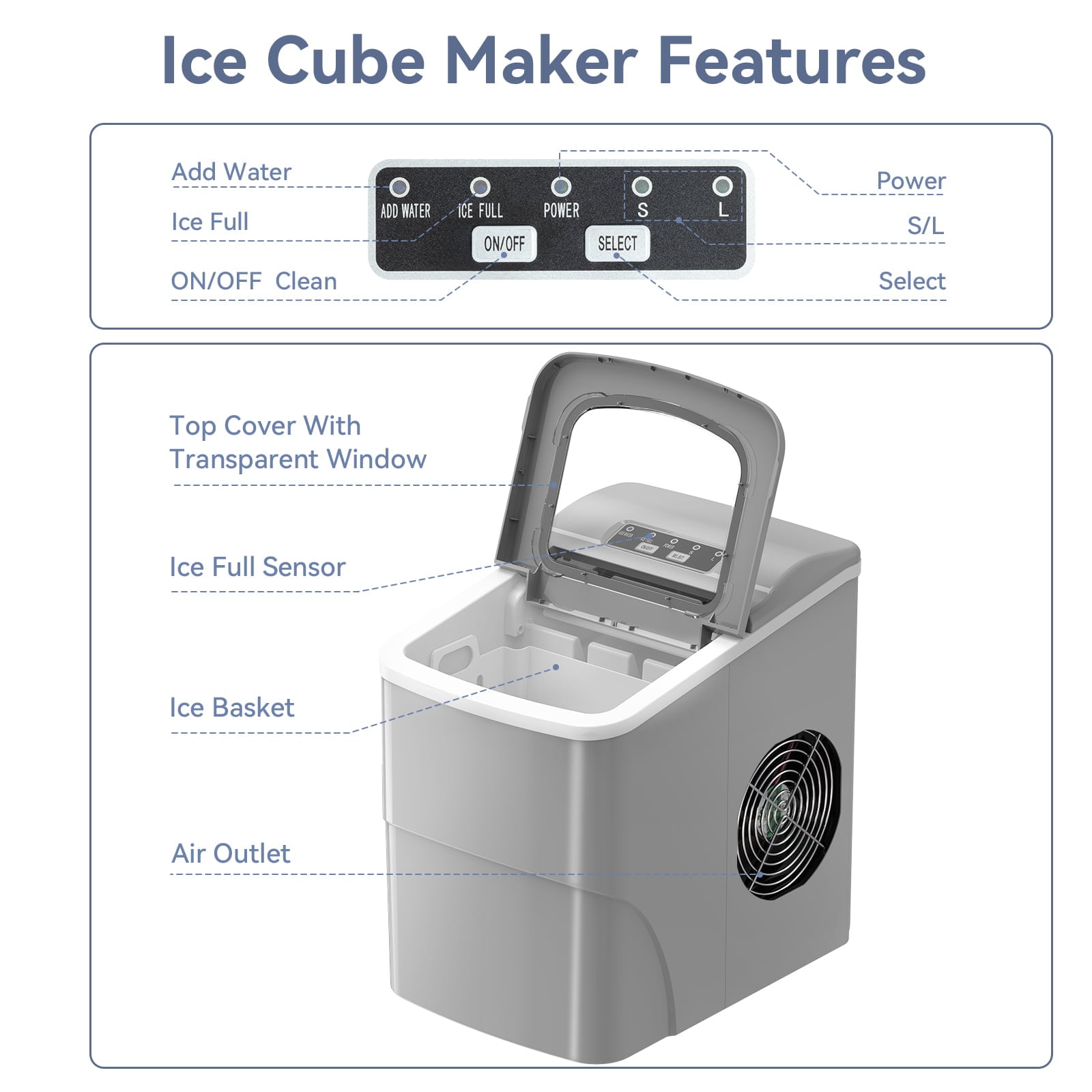 Fabricador de hielo portátil tipo bala de 26 libras al día para mesa (Gris) Z5879-GREY