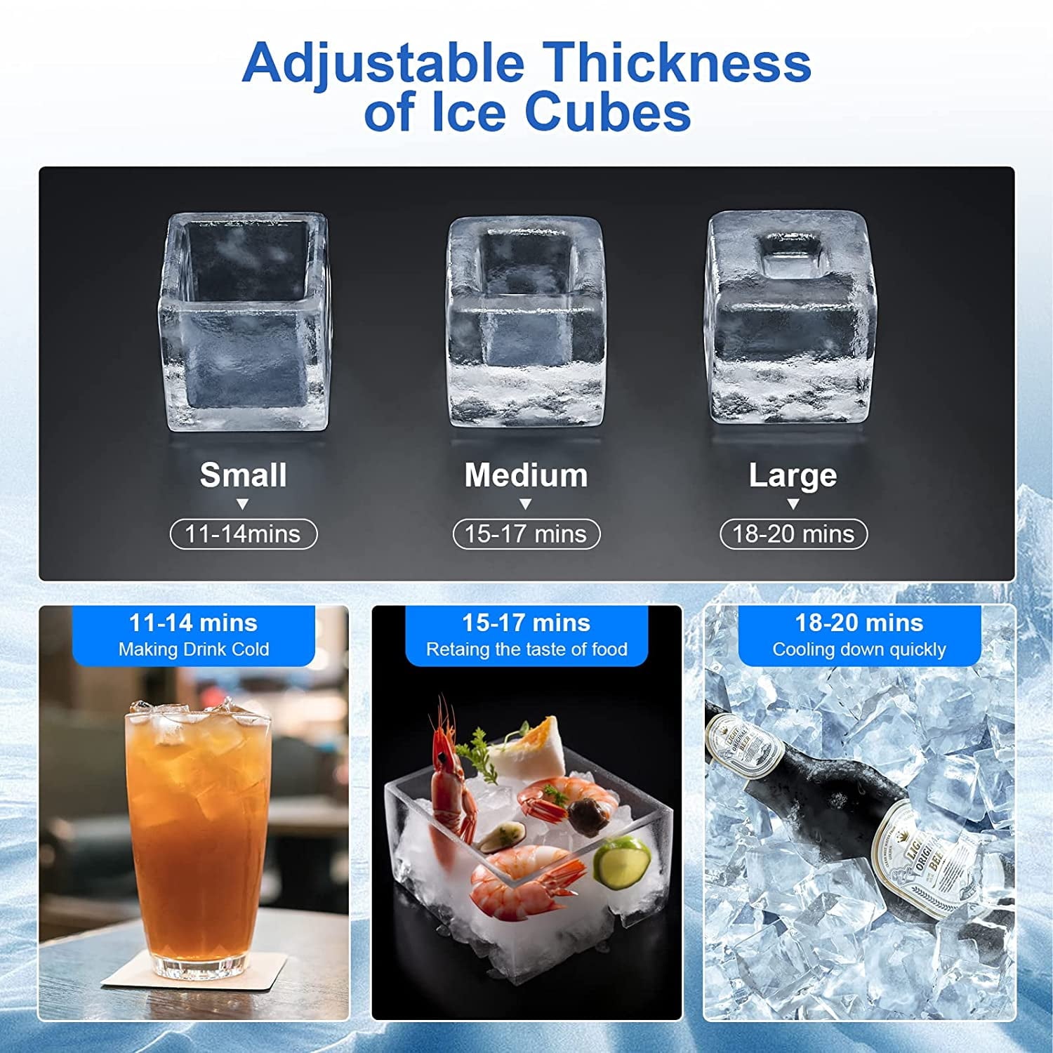 Fabricador de hielo cubitos de acero inoxidable con capacidad de almacenamiento de 33 libras y producción de 130 libras diarias.