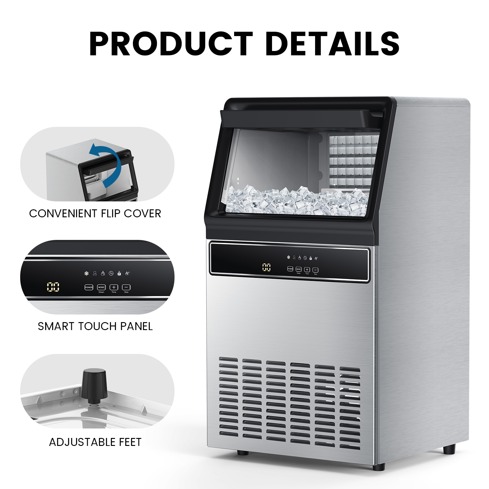 Fabricador de hielo cubitos de acero inoxidable con capacidad de almacenamiento de 33 libras y producción de 130 libras diarias.