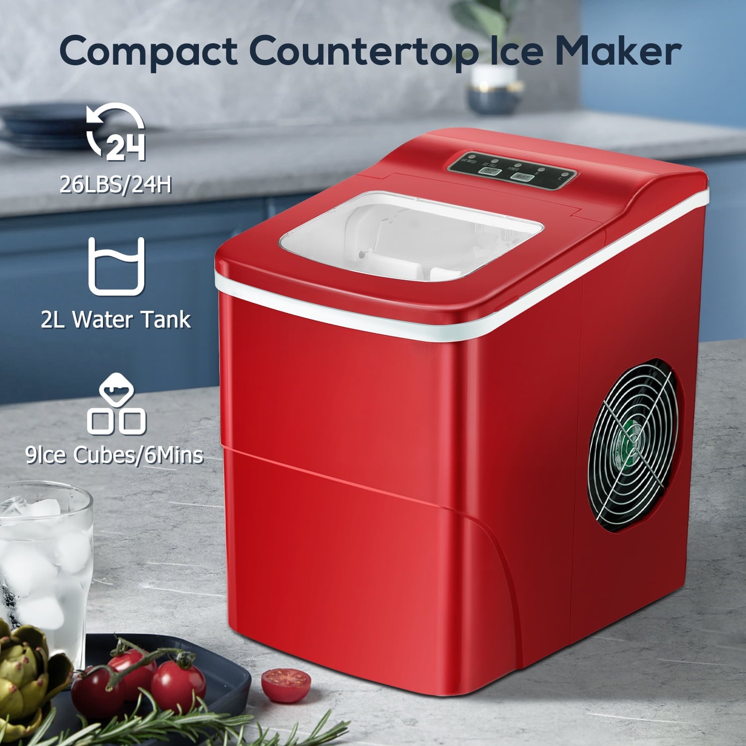 Máquina de Hielo de Bala para Encimera o Portátil que Produce 26 Libras de Hielo al Día (Rojo) Z5880-ROJO