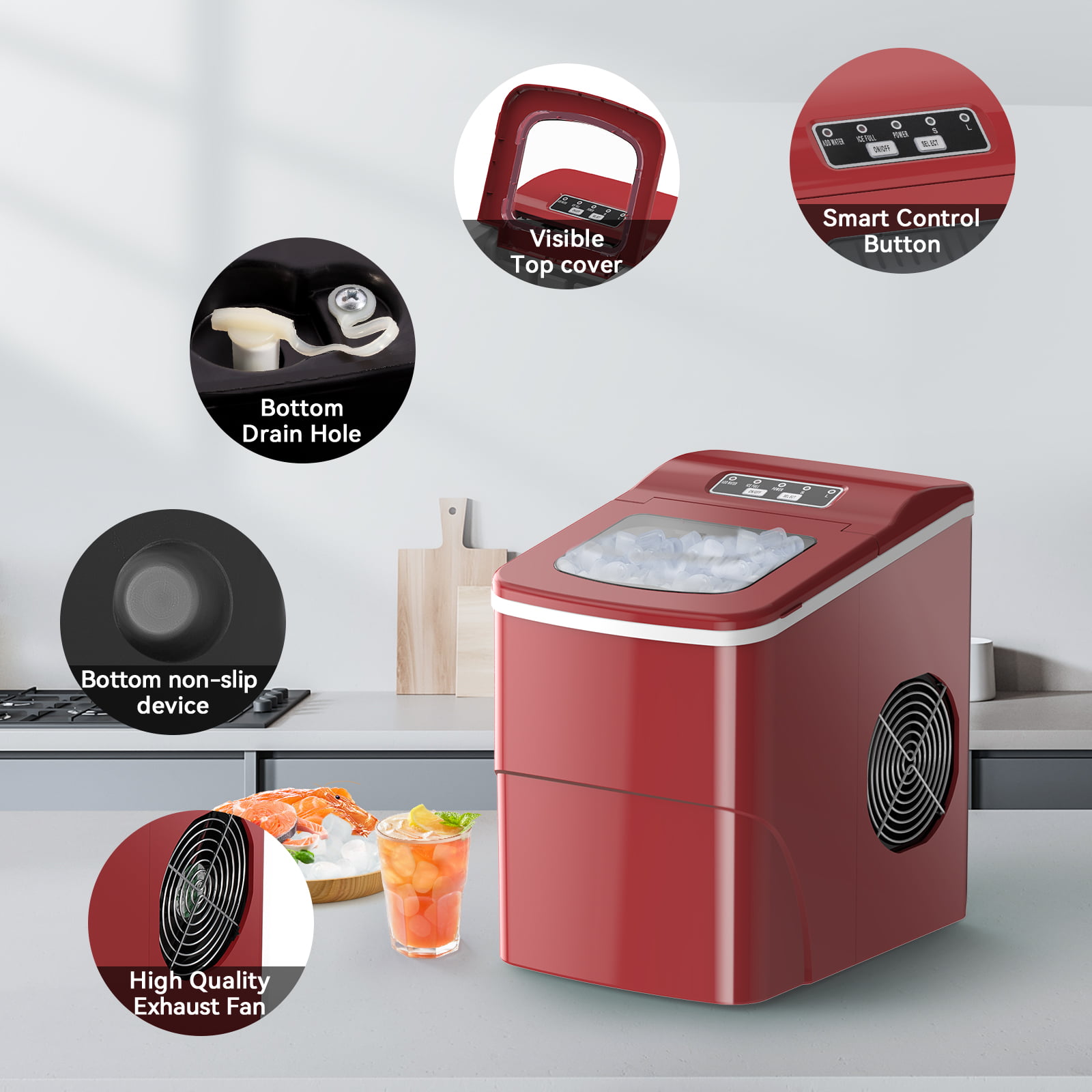 Máquina de Hielo de Bala para Encimera o Portátil que Produce 26 Libras de Hielo al Día (Rojo) Z5880-ROJO