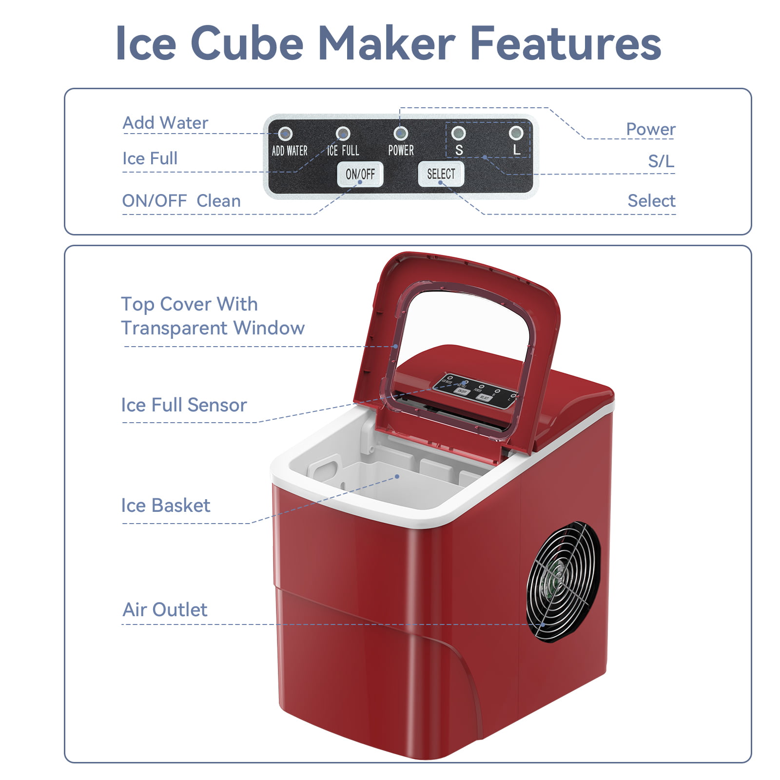 Máquina de Hielo de Bala para Encimera o Portátil que Produce 26 Libras de Hielo al Día (Rojo) Z5880-ROJO