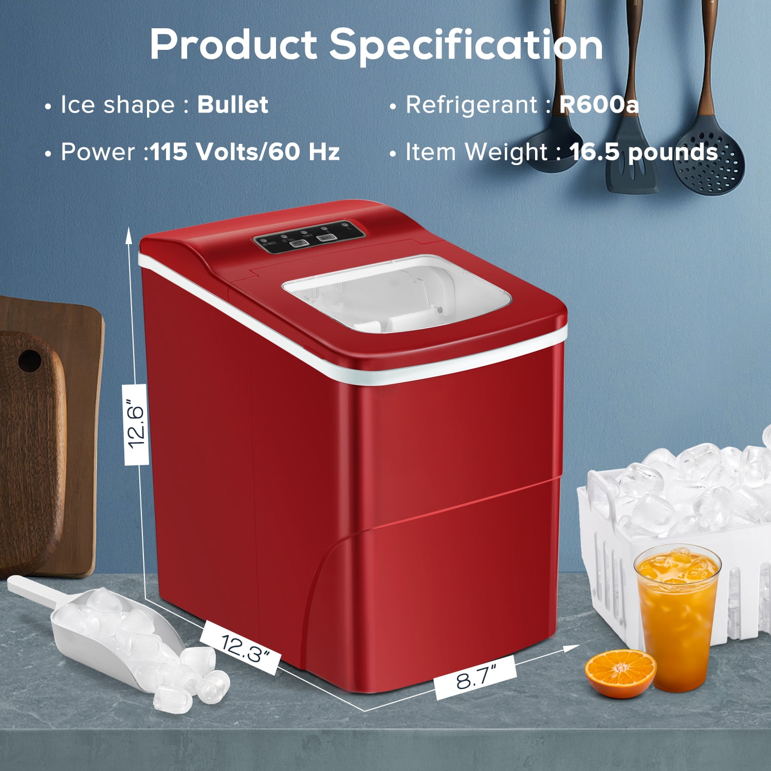 Máquina de Hielo de Bala para Encimera o Portátil que Produce 26 Libras de Hielo al Día (Rojo) Z5880-ROJO