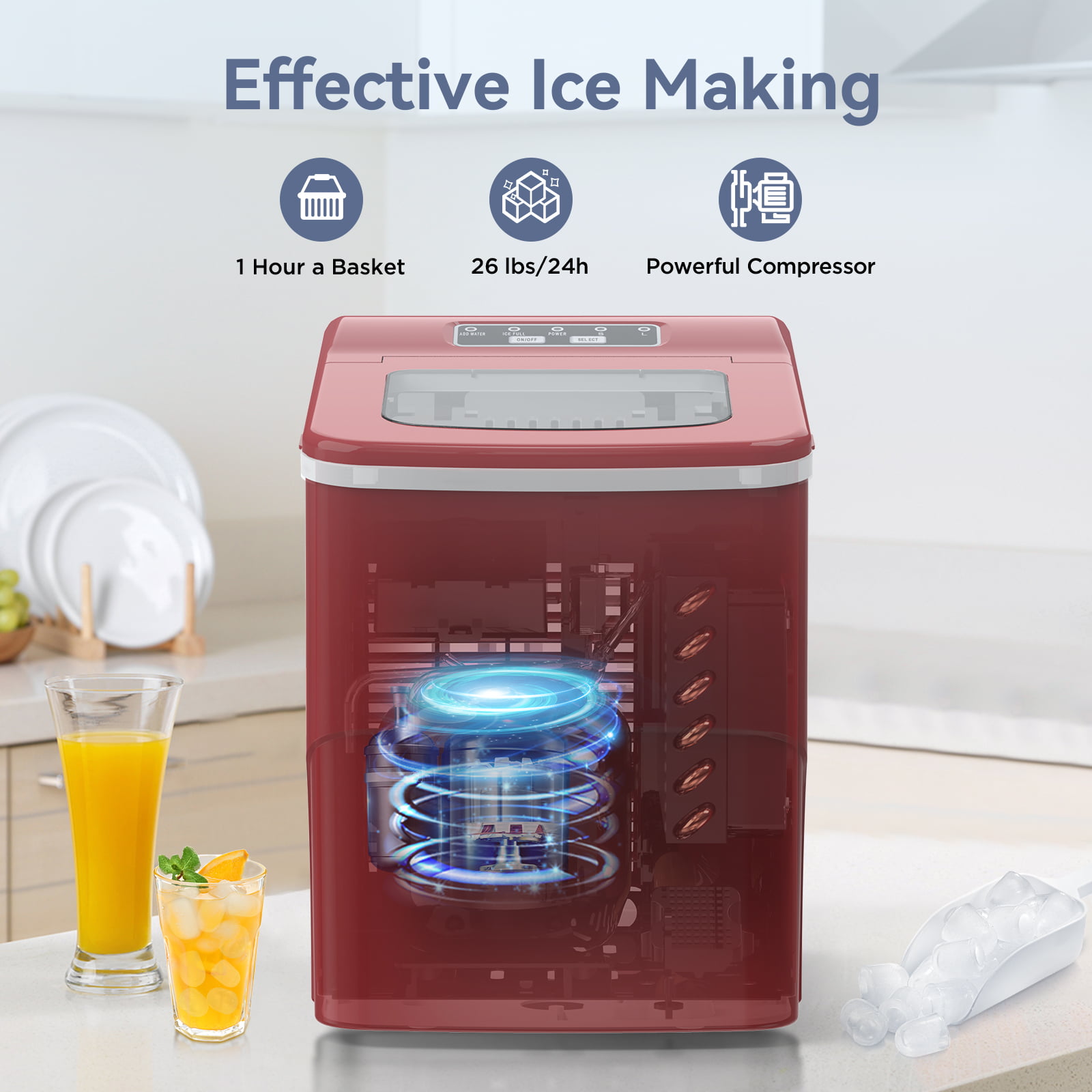 Máquina de Hielo de Bala para Encimera o Portátil que Produce 26 Libras de Hielo al Día (Rojo) Z5880-ROJO