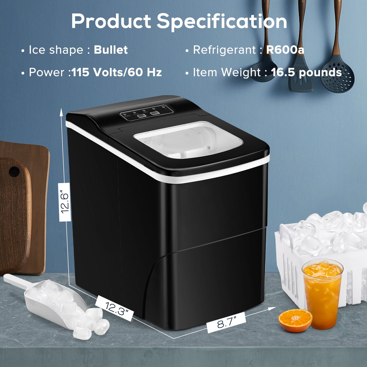 Fabricador de hielo tipo balas para mostrador o portátil que produce 26 libras de hielo por día (Negro) Z5876-NEGRO