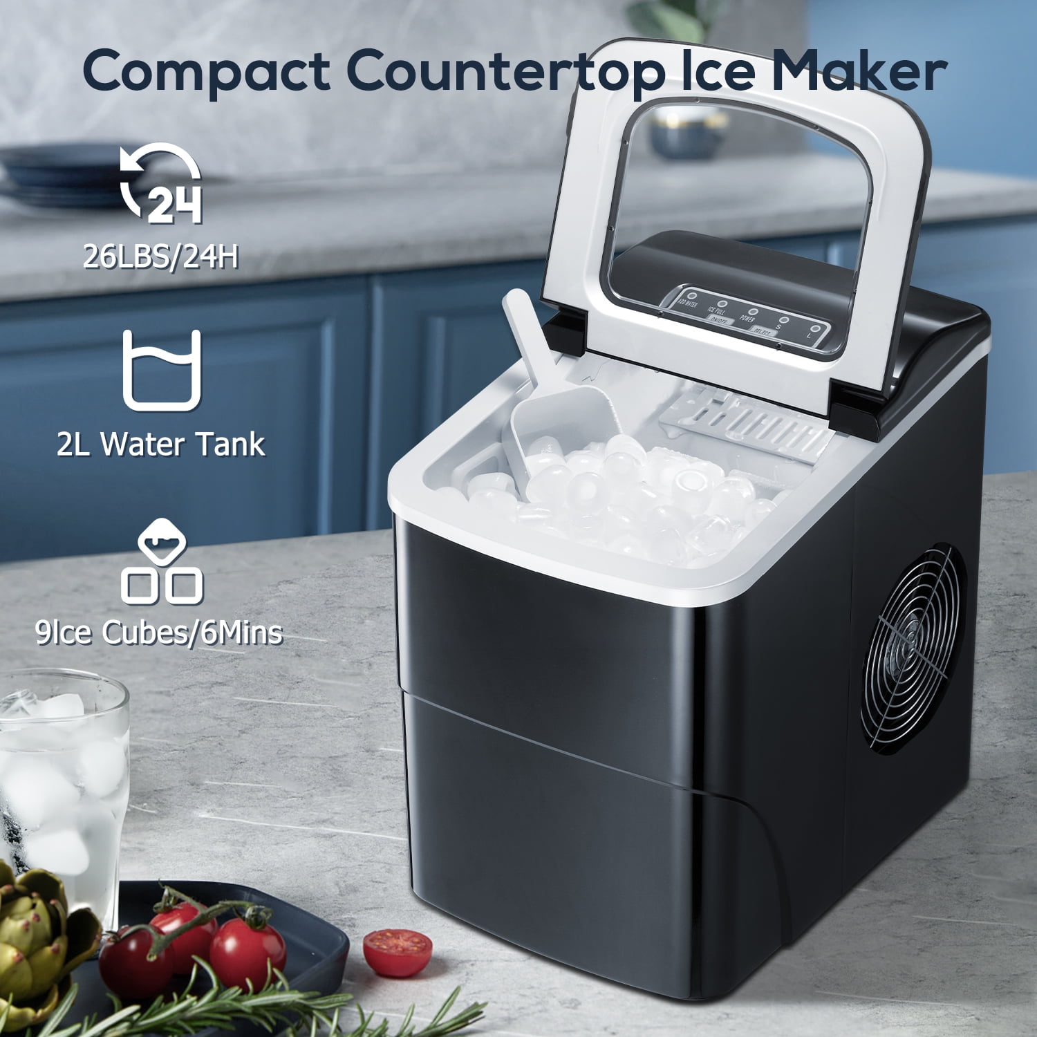 Fabricador de hielo tipo balas para mostrador o portátil que produce 26 libras de hielo por día (Negro) Z5876-NEGRO