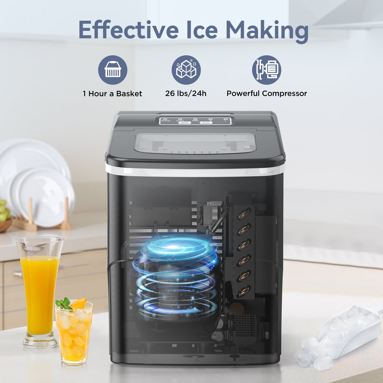 Fabricador de hielo tipo balas para mostrador o portátil que produce 26 libras de hielo por día (Negro) Z5876-NEGRO
