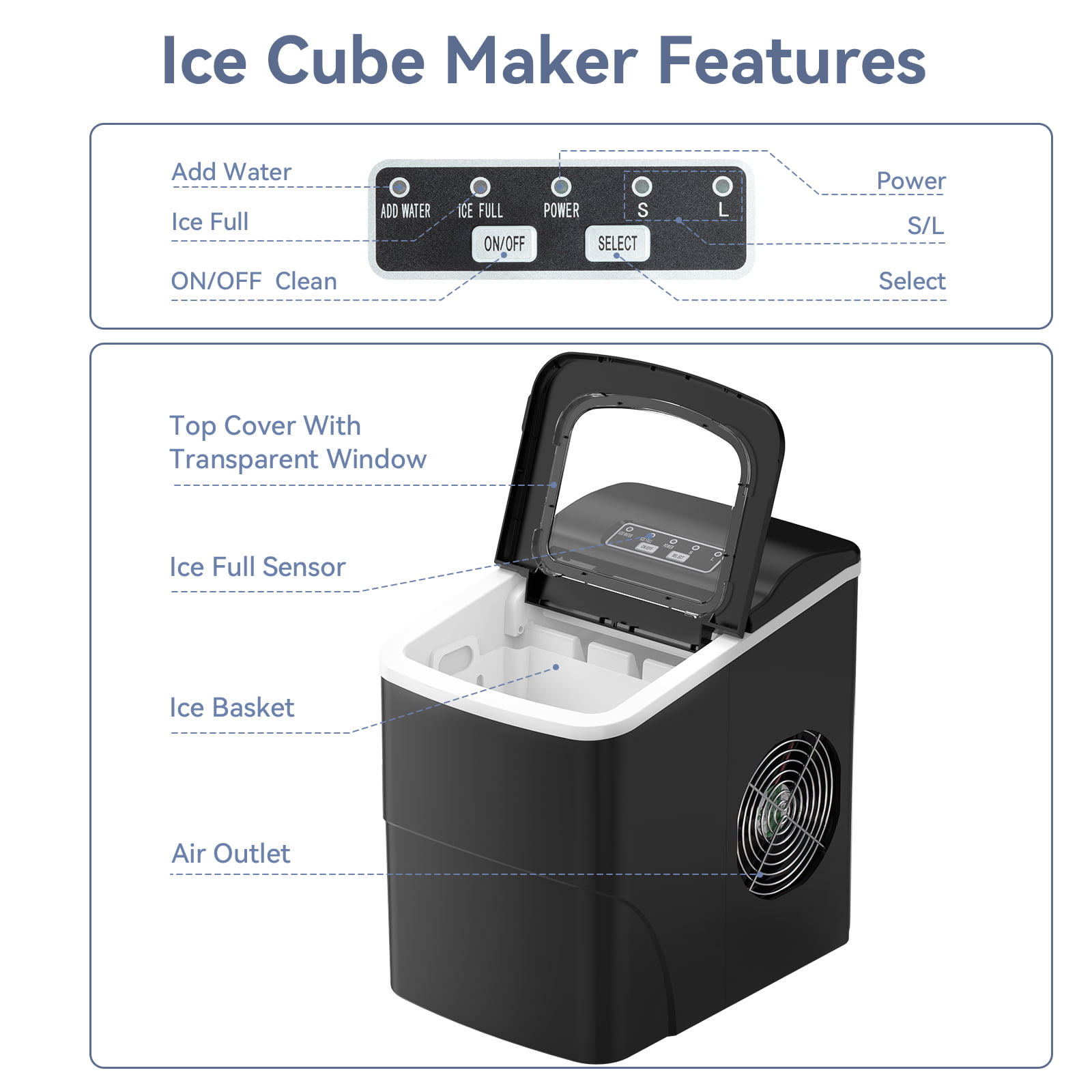 Fabricador de hielo tipo balas para mostrador o portátil que produce 26 libras de hielo por día (Negro) Z5876-NEGRO