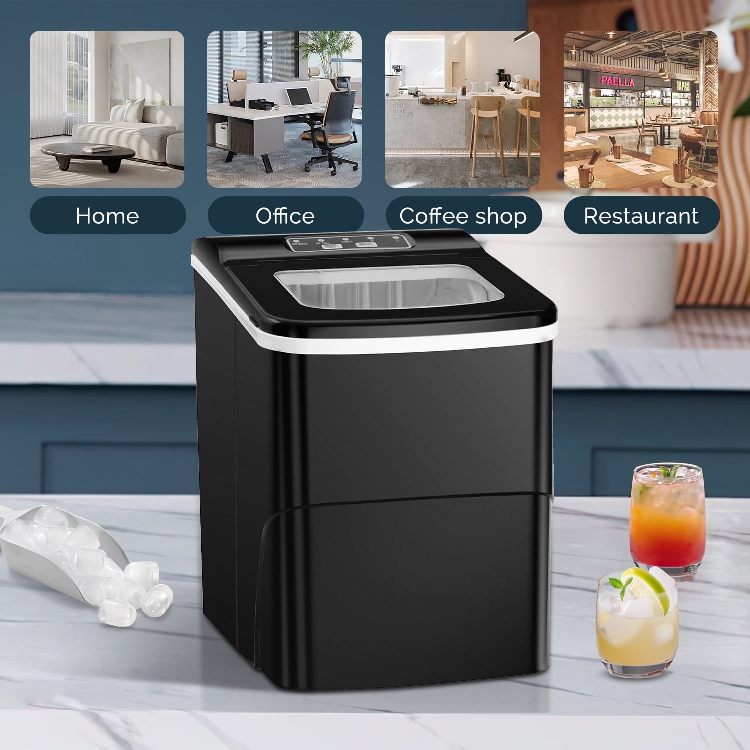 Fabricador de hielo tipo balas para mostrador o portátil que produce 26 libras de hielo por día (Negro) Z5876-NEGRO