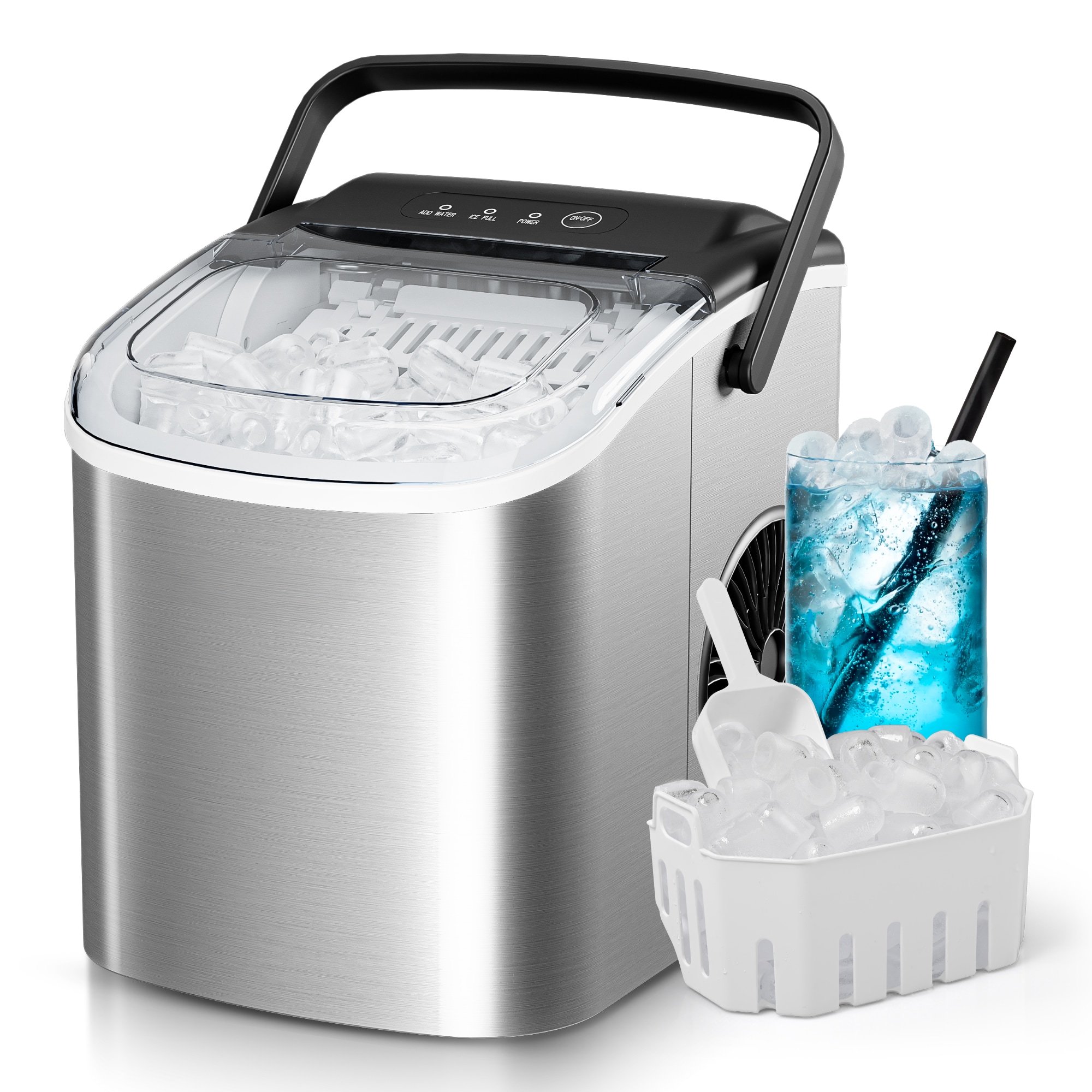 Máquina de hacer hielo estilo bala de encimera o portátil que produce 26 libras de hielo al día (Plata) IM-06S