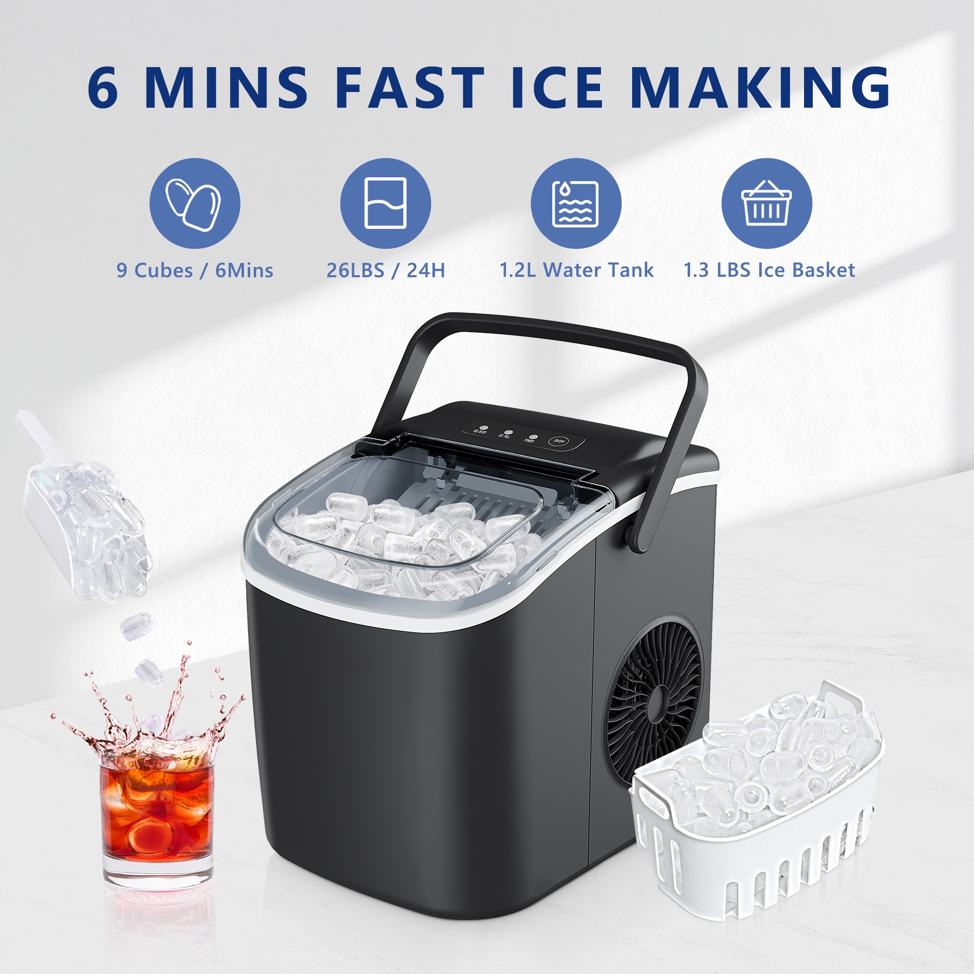 Fabricador de hielo tipo bala de mostrador o portátil que produce 26 libras de hielo por día (Negro) IM-06D.