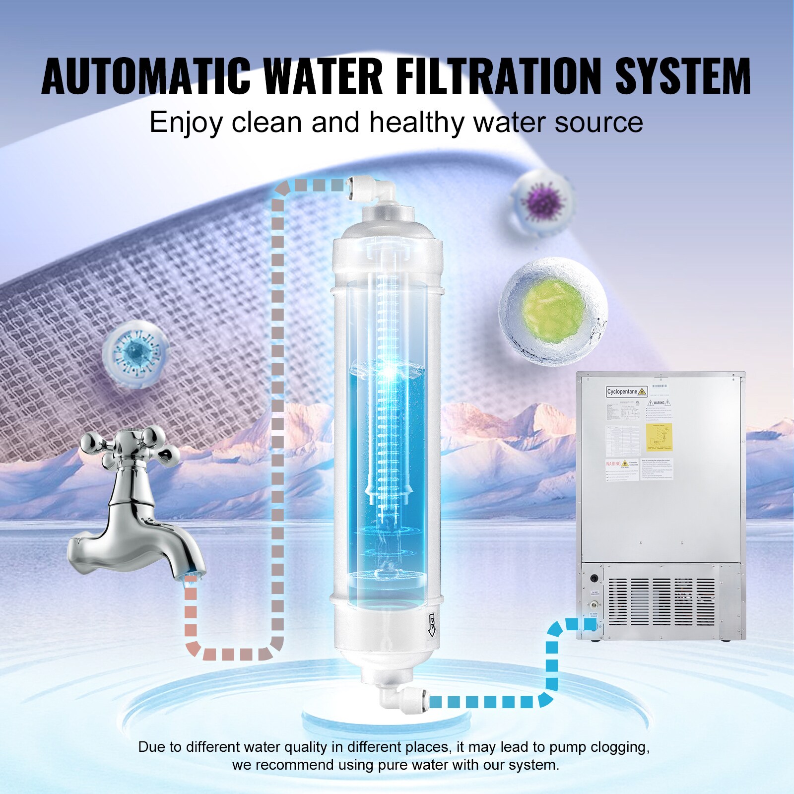 Máquina fabricadora de hielo con capacidad de 88 libras de VEVOR: 265 libras de hielo al día, hielo en cubos de pie libre (0.5 mm de acero inoxidable 410)