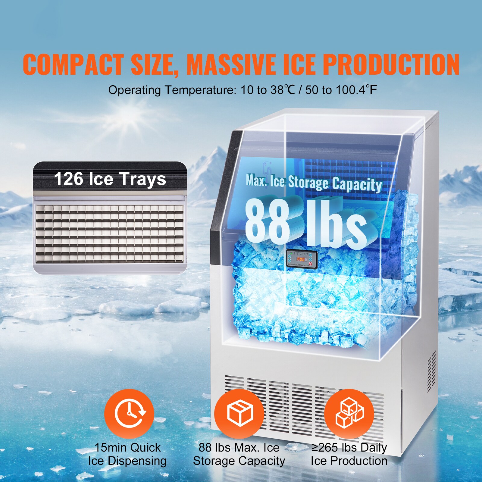 Máquina fabricadora de hielo con capacidad de 88 libras de VEVOR: 265 libras de hielo al día, hielo en cubos de pie libre (0.5 mm de acero inoxidable 410)