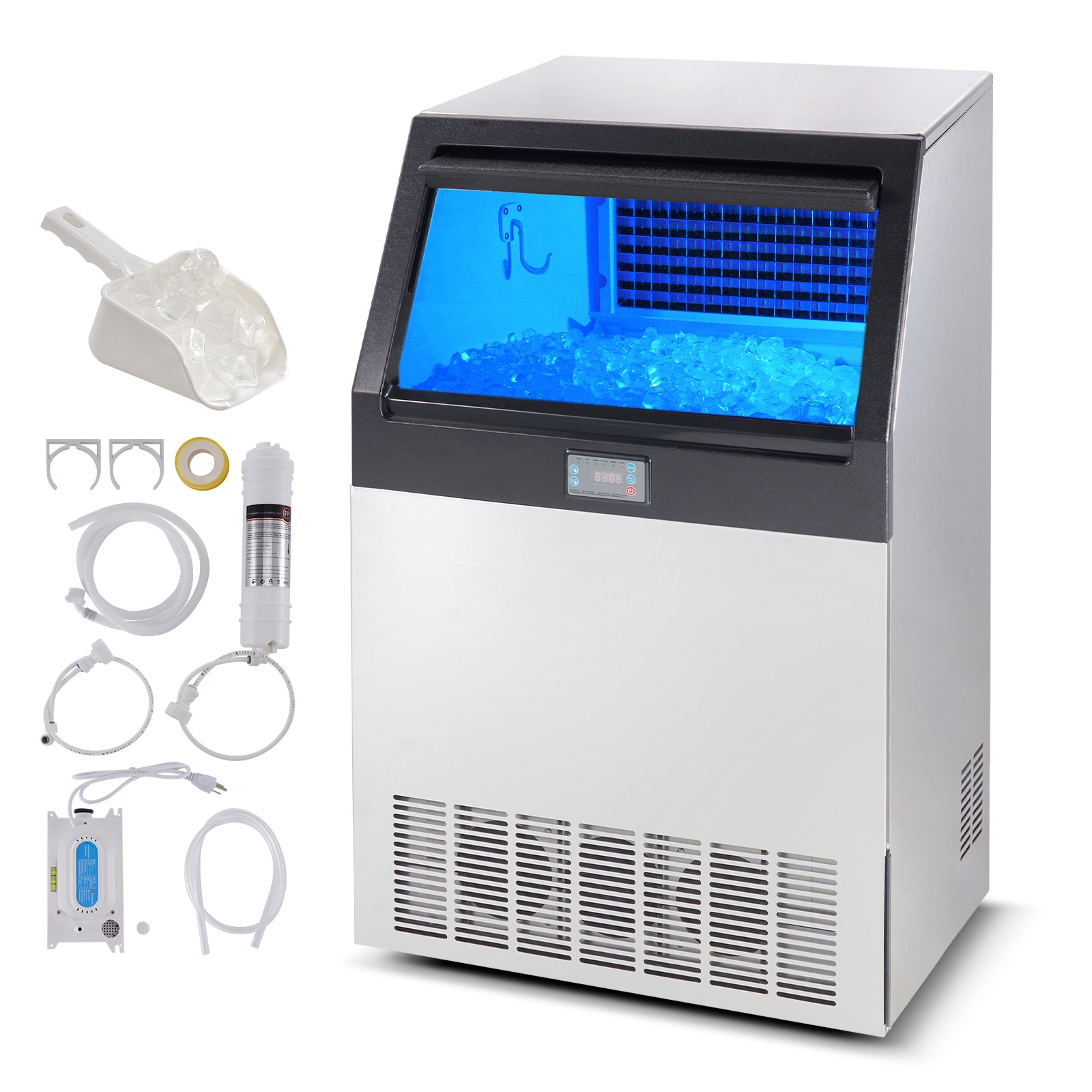 Máquina fabricadora de hielo con capacidad de 88 libras de VEVOR: 265 libras de hielo al día, hielo en cubos de pie libre (0.5 mm de acero inoxidable 410)