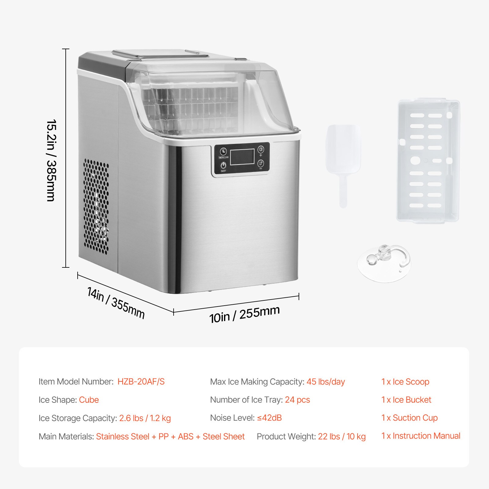 Fabricador de hielo de almacenamiento de 1.18 kilos al día. 45 libras de hielo por día. Para mostrador o portátil. Hace hielo en cubitos. (Acero inoxidable + PP + ABS + lámina de acero)
