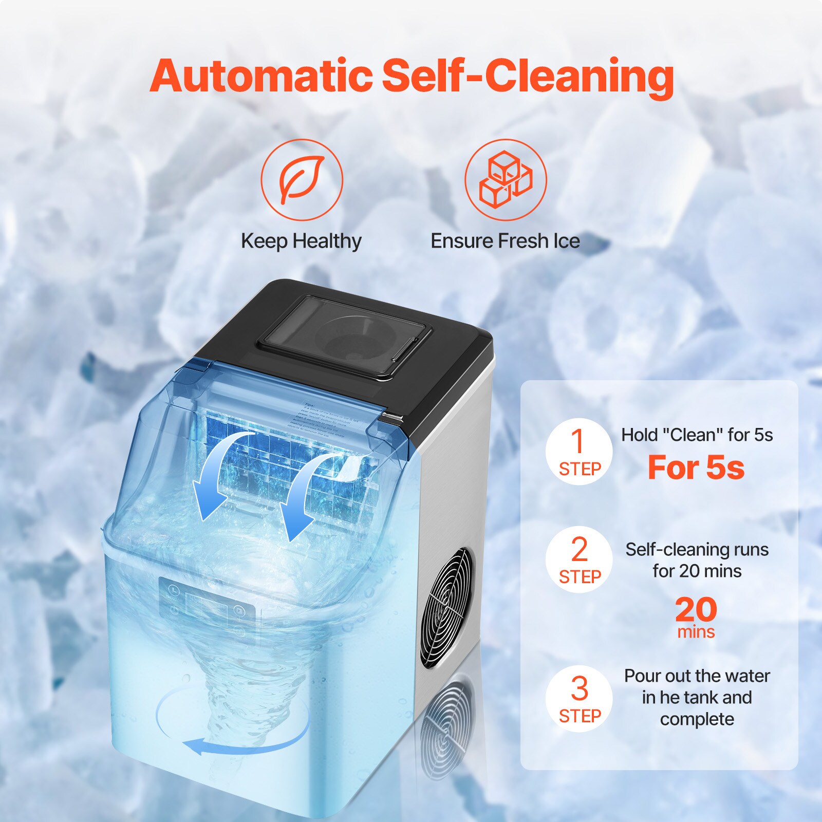 Fabricador de hielo de almacenamiento de 1.18 kilos al día. 45 libras de hielo por día. Para mostrador o portátil. Hace hielo en cubitos. (Acero inoxidable + PP + ABS + lámina de acero)