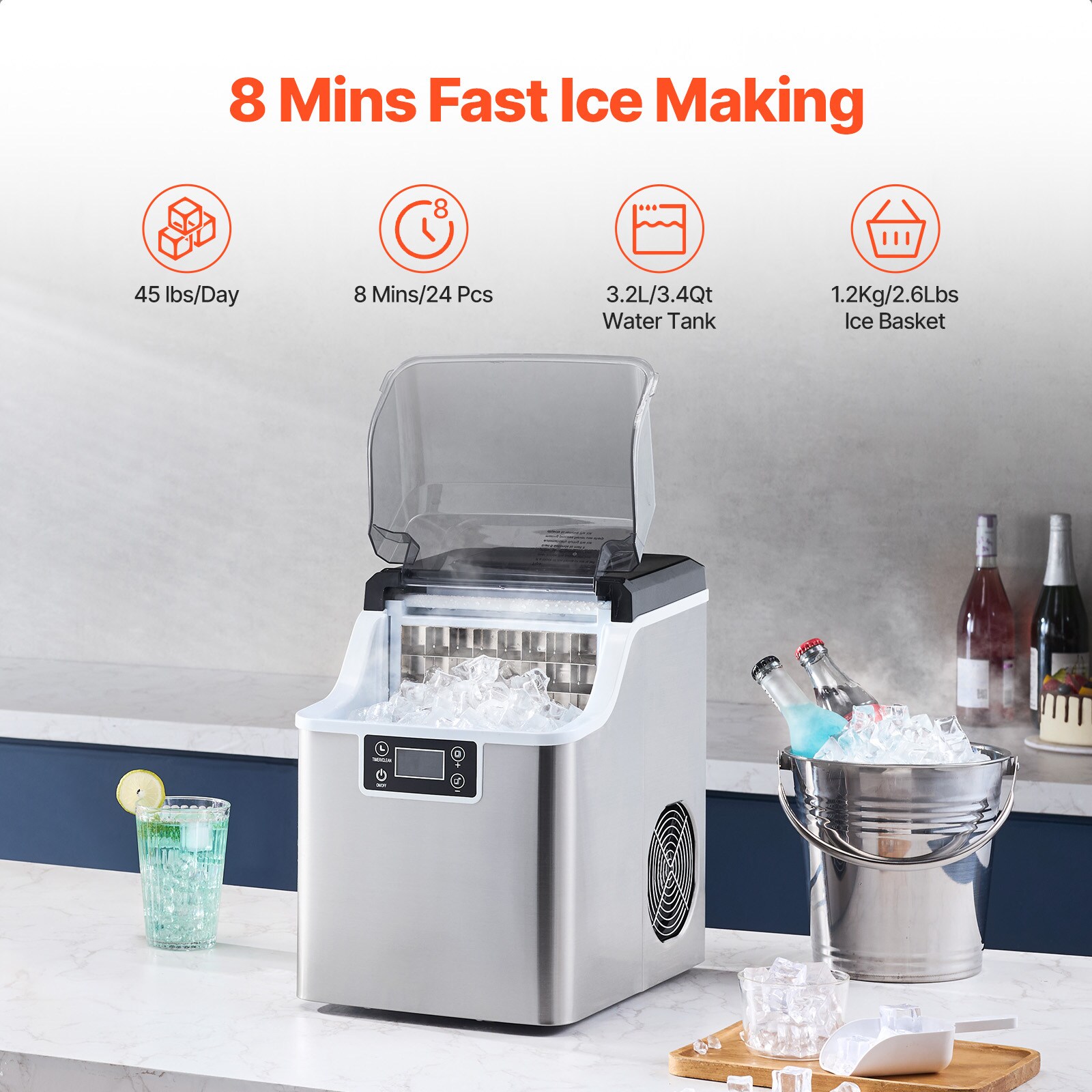 Fabricador de hielo de almacenamiento de 1.18 kilos al día. 45 libras de hielo por día. Para mostrador o portátil. Hace hielo en cubitos. (Acero inoxidable + PP + ABS + lámina de acero)