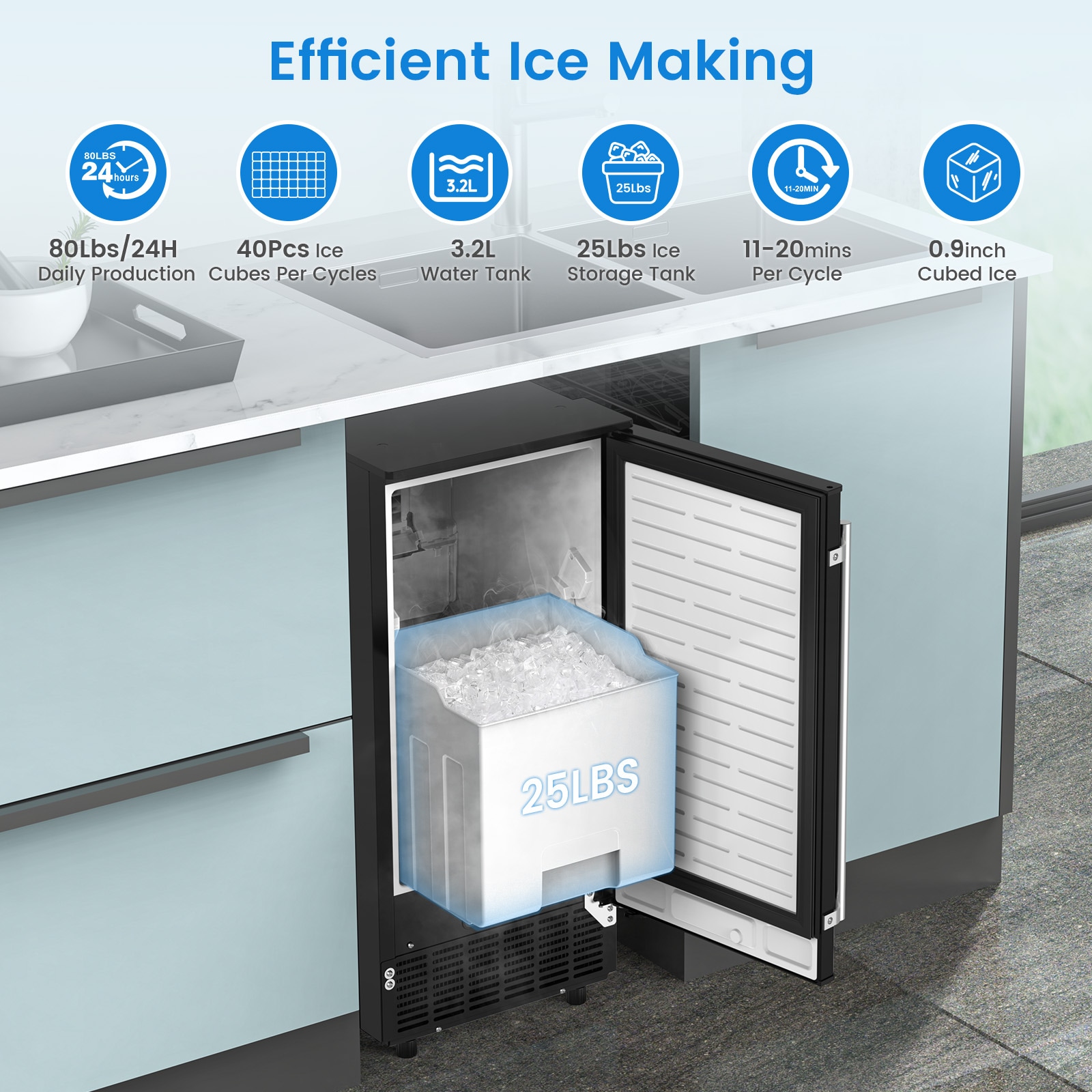 Almacenamiento de hielo de 25 lbs. de capacidad con fabricador de hielo en cubitos de 80 lbs. por día (Negro) Z5836F-NEGRO
